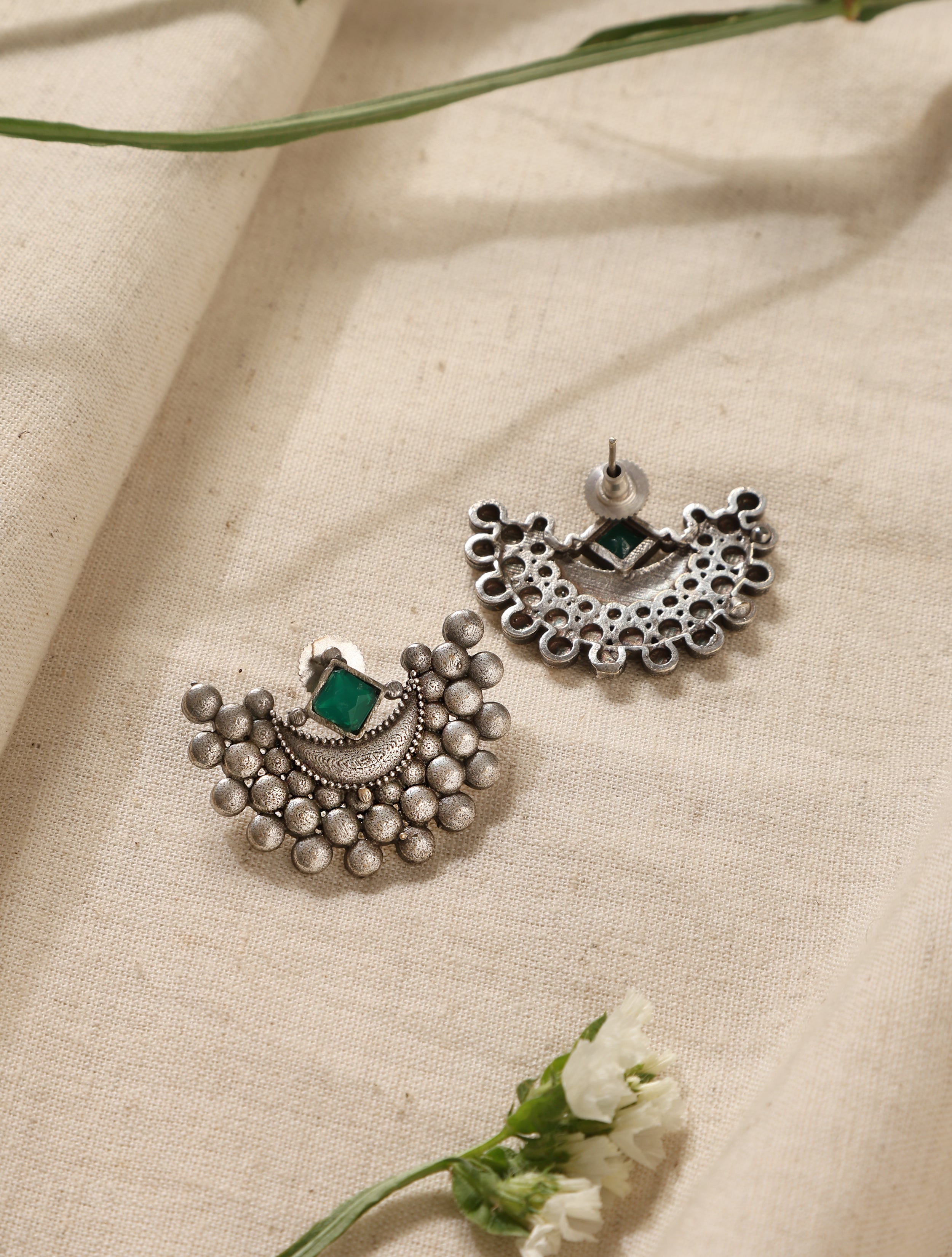 trueBrowns Silver Green Crescent Earrings