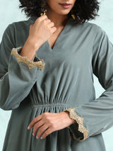Grey Velvet Lace Kurta Pant Set