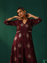 trueBrowns Wine Geometric Viscose Silk Kurta Pant Set
