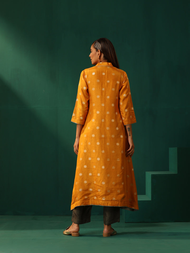 trueBrowns Mustard Geometric Floral Viscose Silk Kurta Pant Set