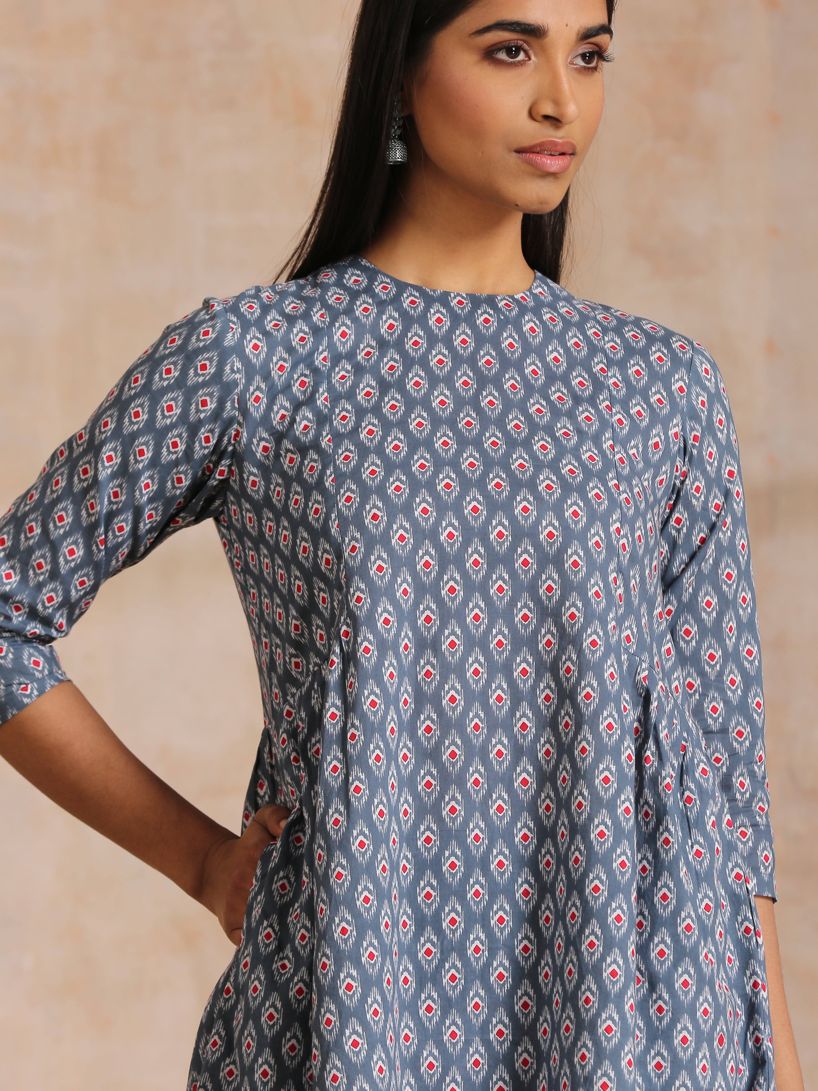 Steel Grey Ikat Print Cotton Gathers Co-Ord Set