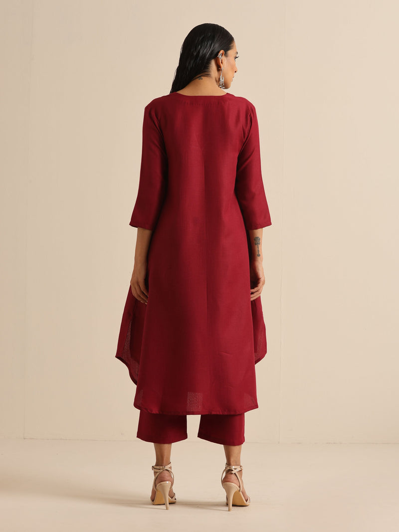 Maroon Slub Gathered Kurta Pant Set