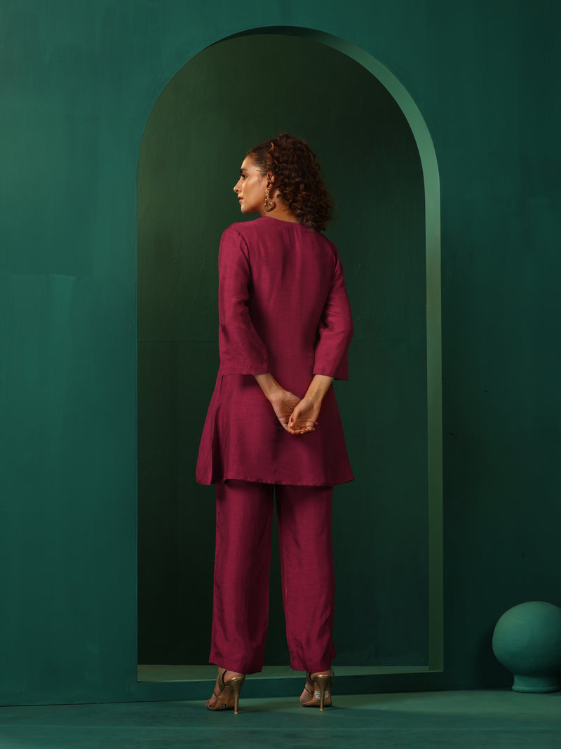 trueBrowns Maroon Silk Relaxed Co-ord Set