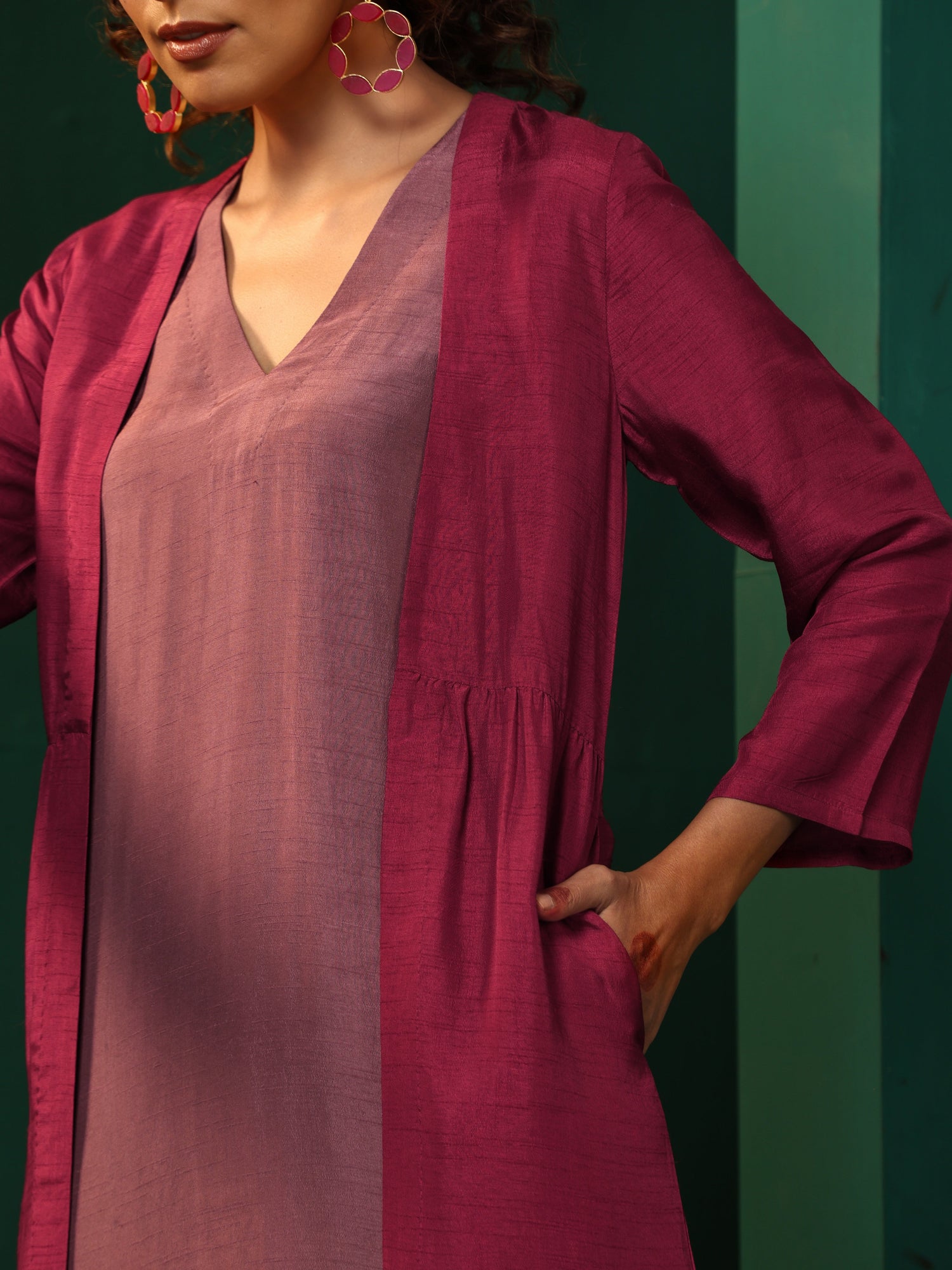 trueBrowns Maroon Light Mauve Silk Jacket Kurta Set