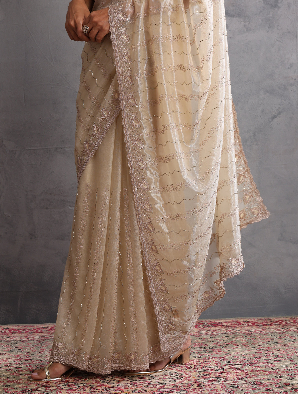 trueBrowns Ivory Gold Sequins Embroidered Net Saree With Unstitched Blouse