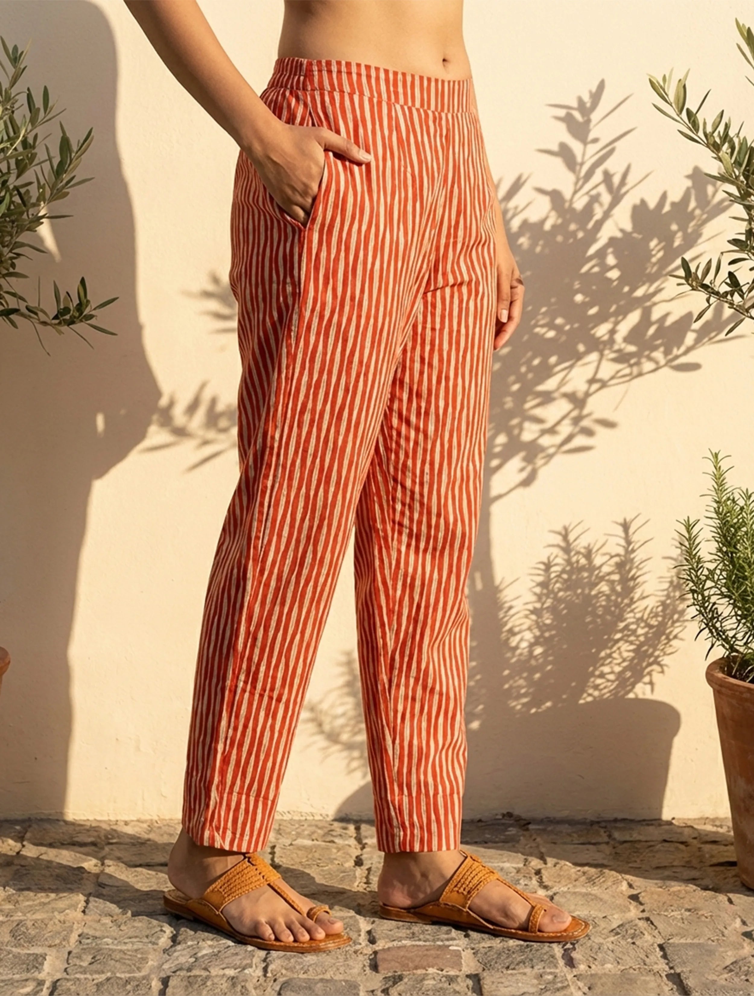 trueBrowns Orange Abstract Print Embroidered Kurta Pant Dupatta Set