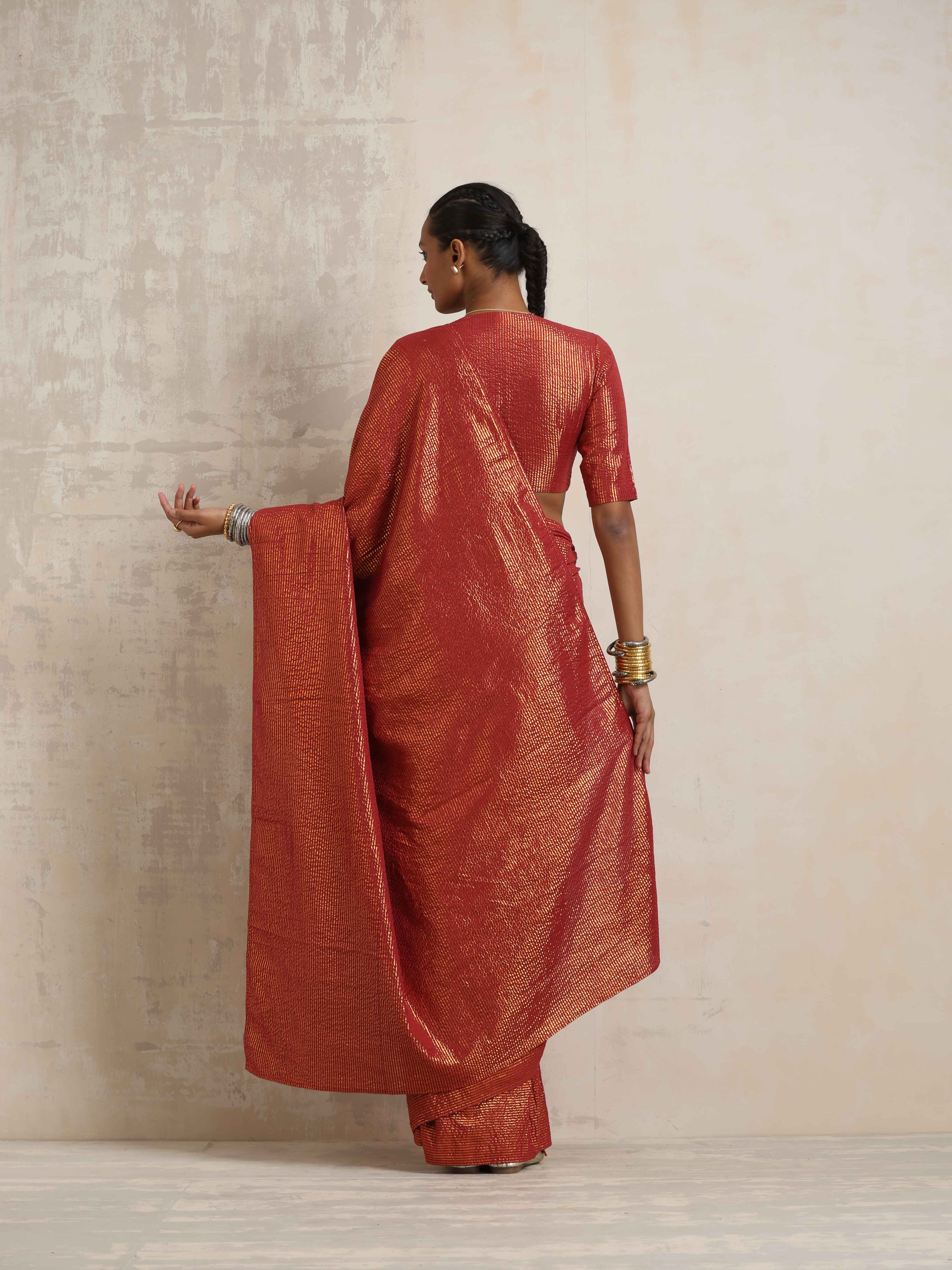trueBrowns Maroon Gold Lurex Ready To Wear Saree
