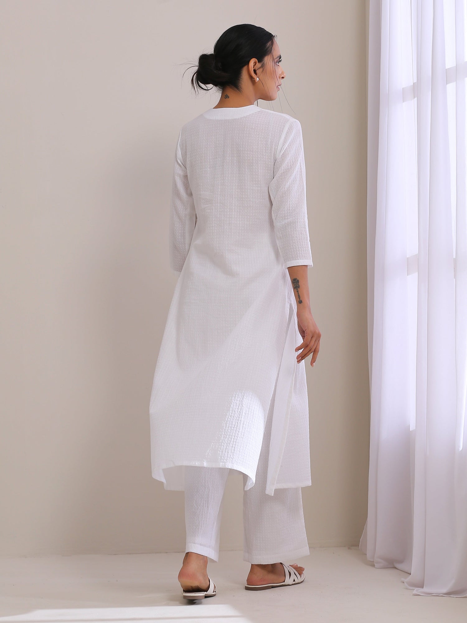 White Dobby Neck Pleat Kurta Pant Set