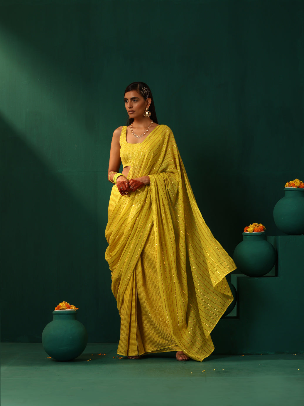 trueBrowns Lime Cotton Gold Striped Saree With Unstitched Blouse