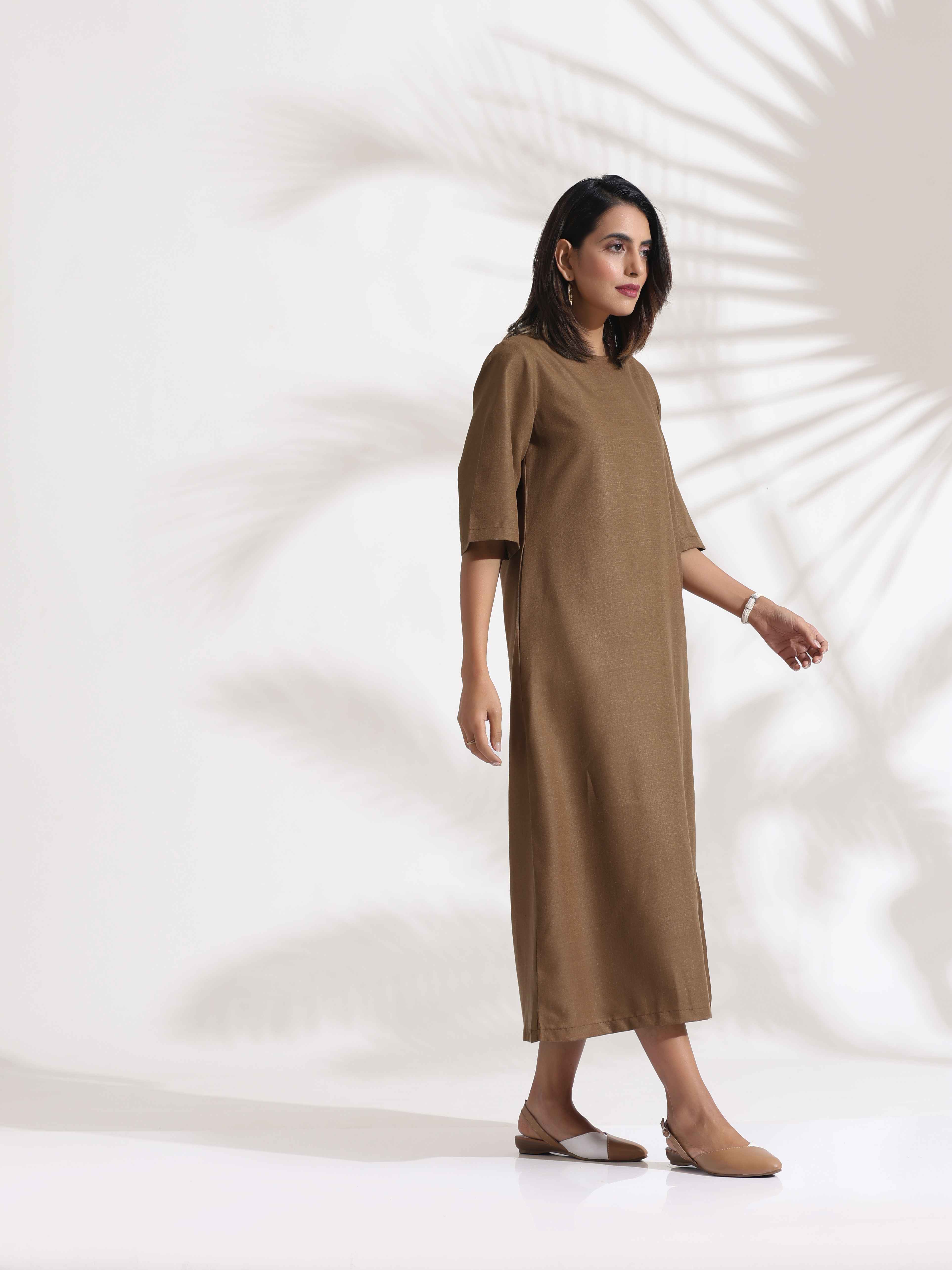 trueBrowns Brown Slub Dress