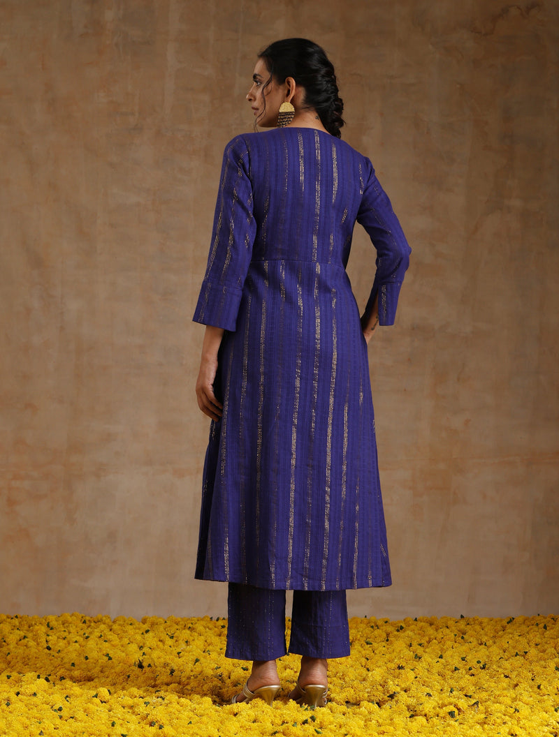 Spectrum Blue Gold Cotton Angrakha Kurta Set