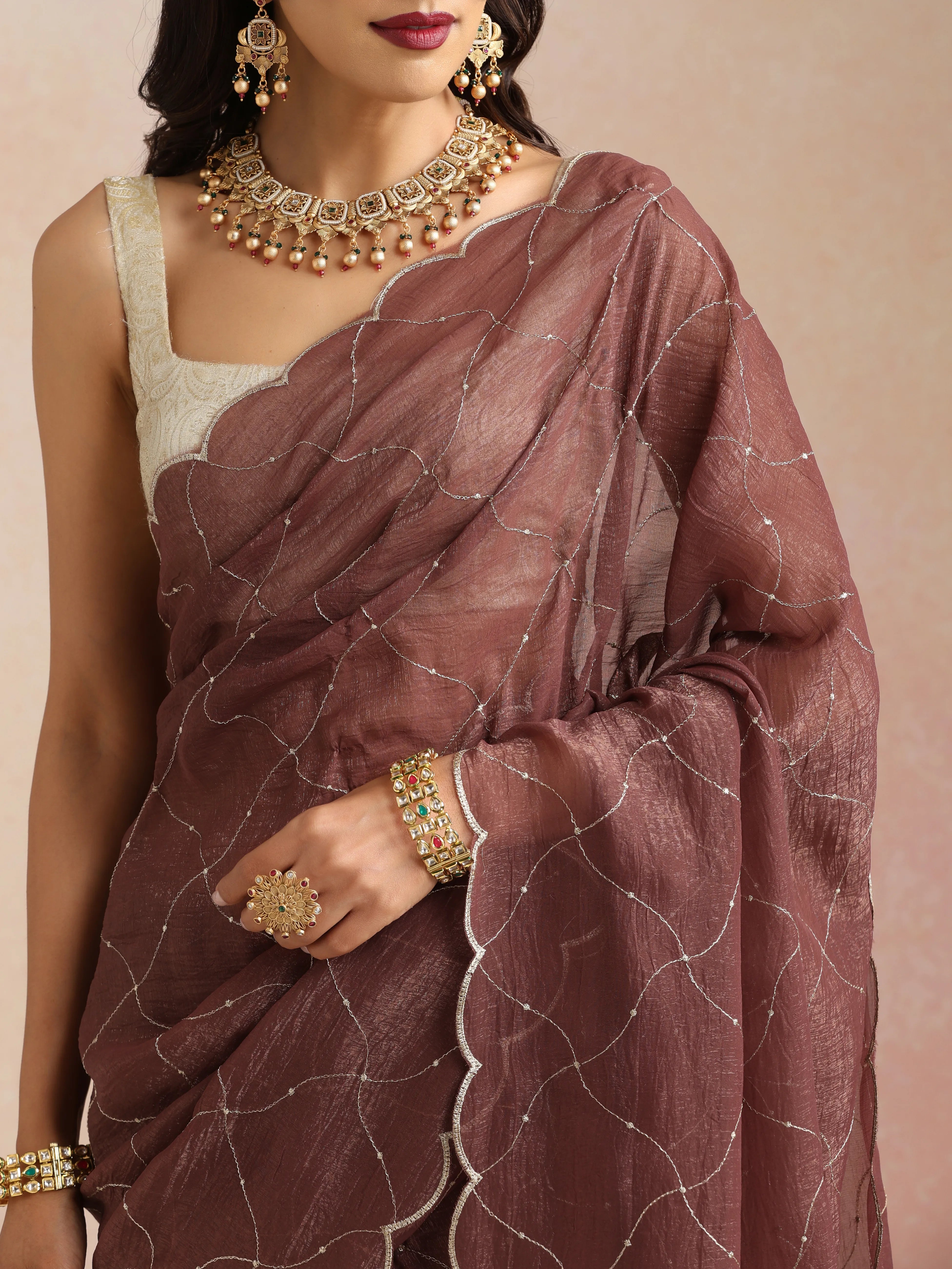 trueBrowns Copper Zari Jaal Embroidered Saree With Unstitched Blouse