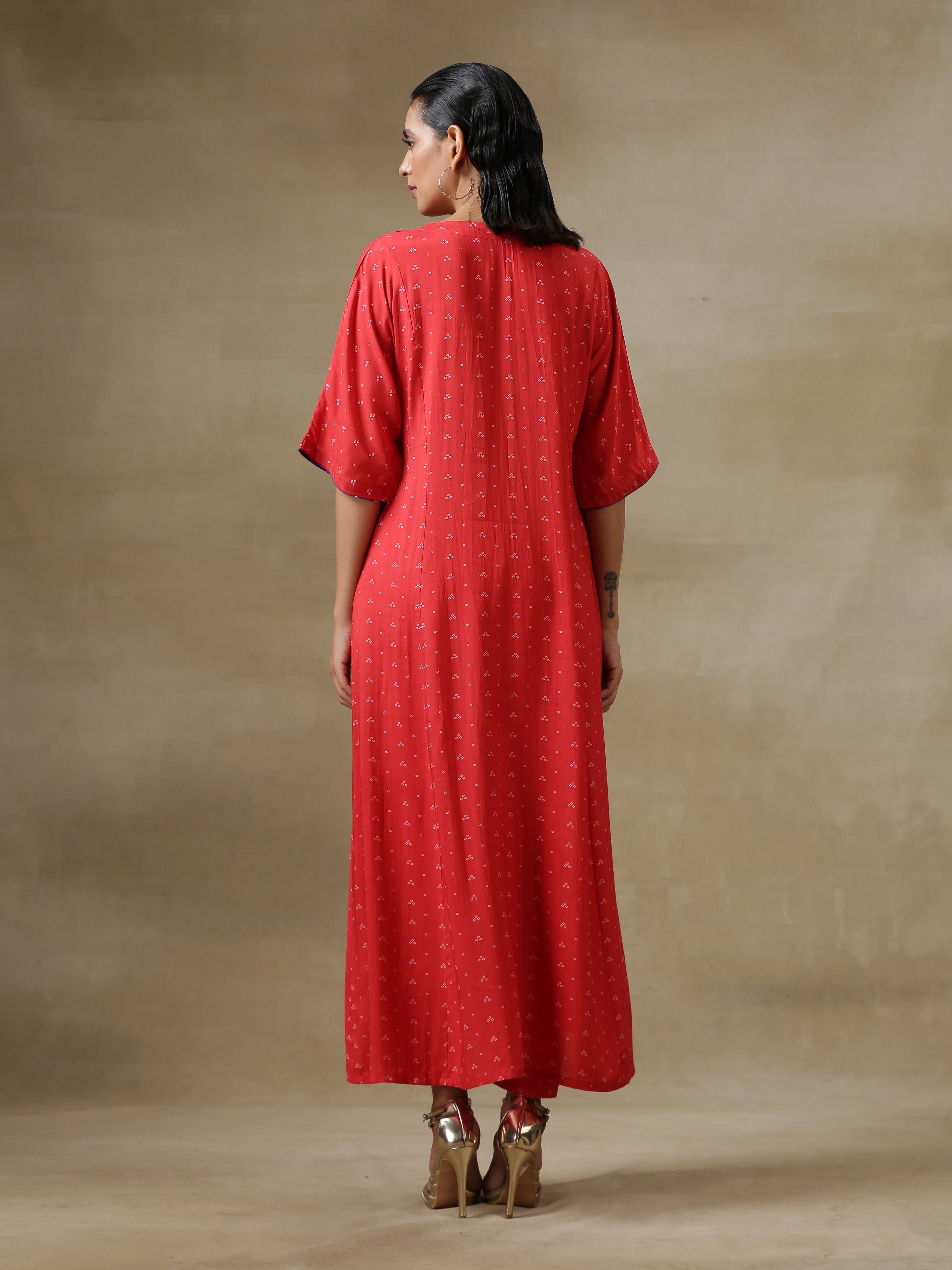 Red Bandhani Printed Silk Long Kurta Pant Set