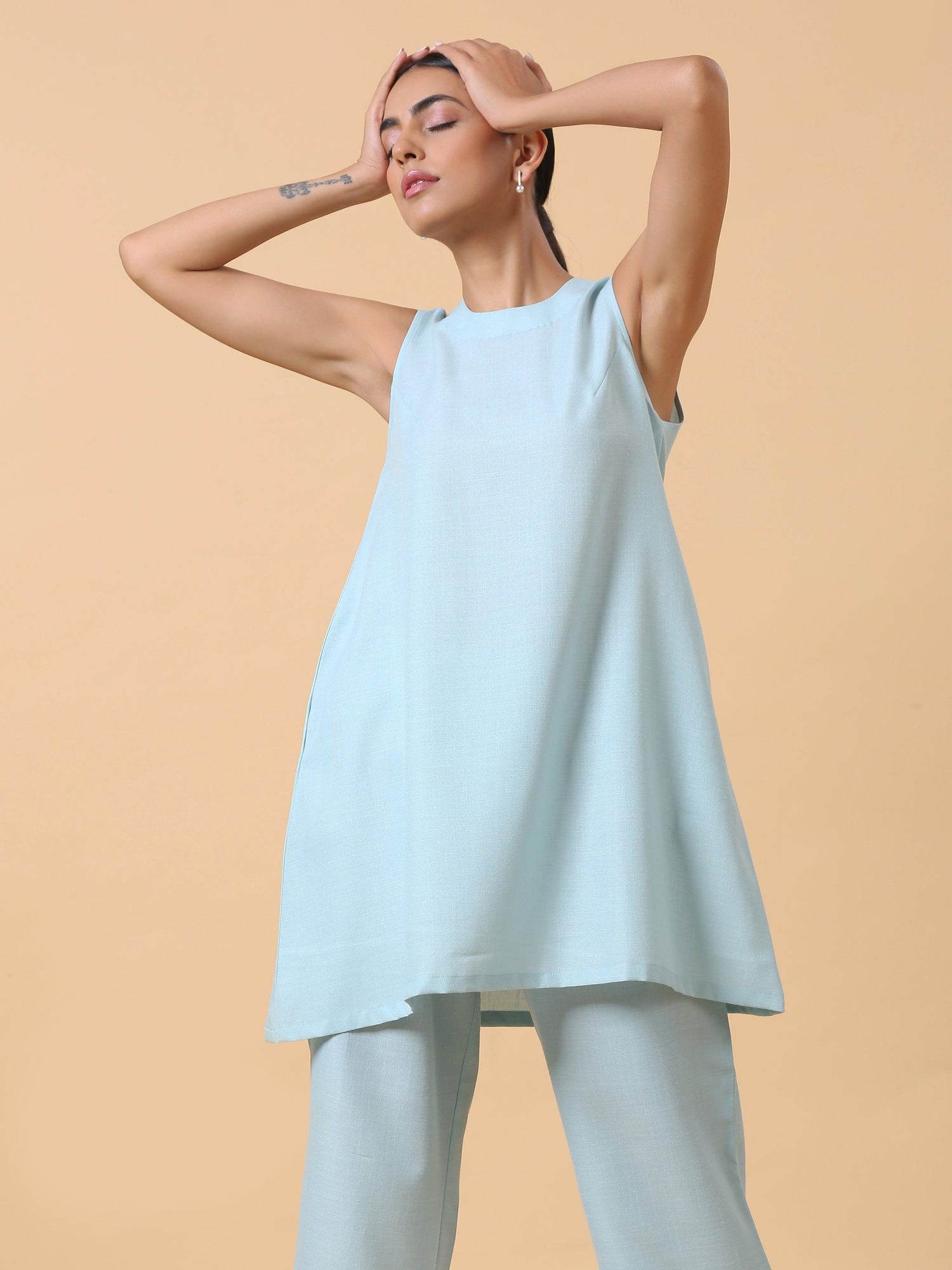 Cotton Linen Light Blue Sleeveless Co-Ord Set - trueBrowns