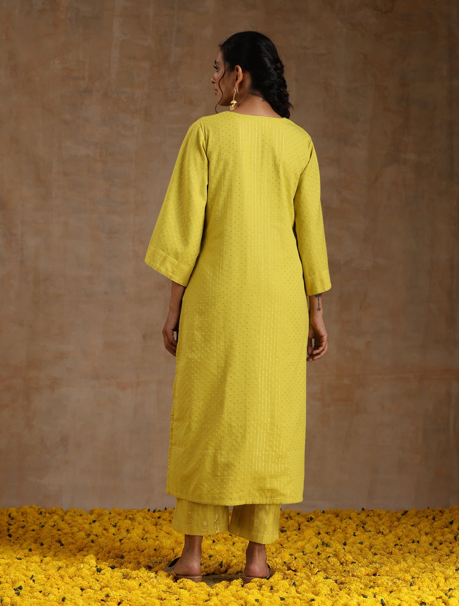 Lime Gold Cotton Relax High Slit Kurta Set