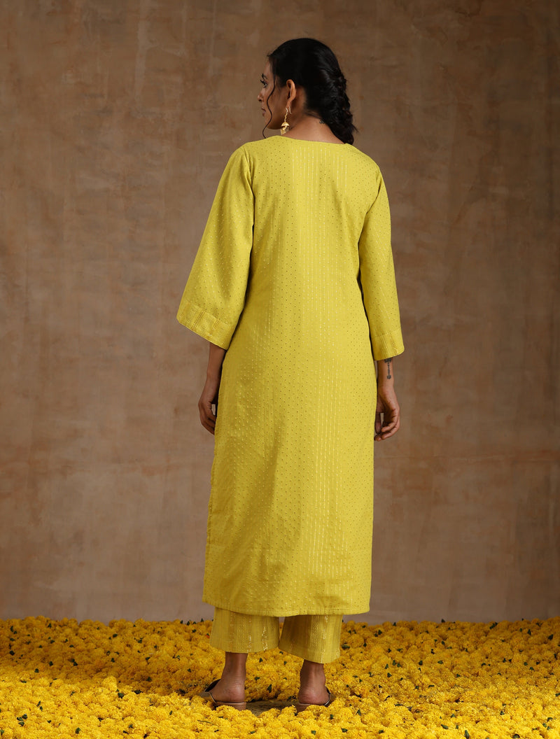 Lime Gold Cotton Relax High Slit Kurta Set