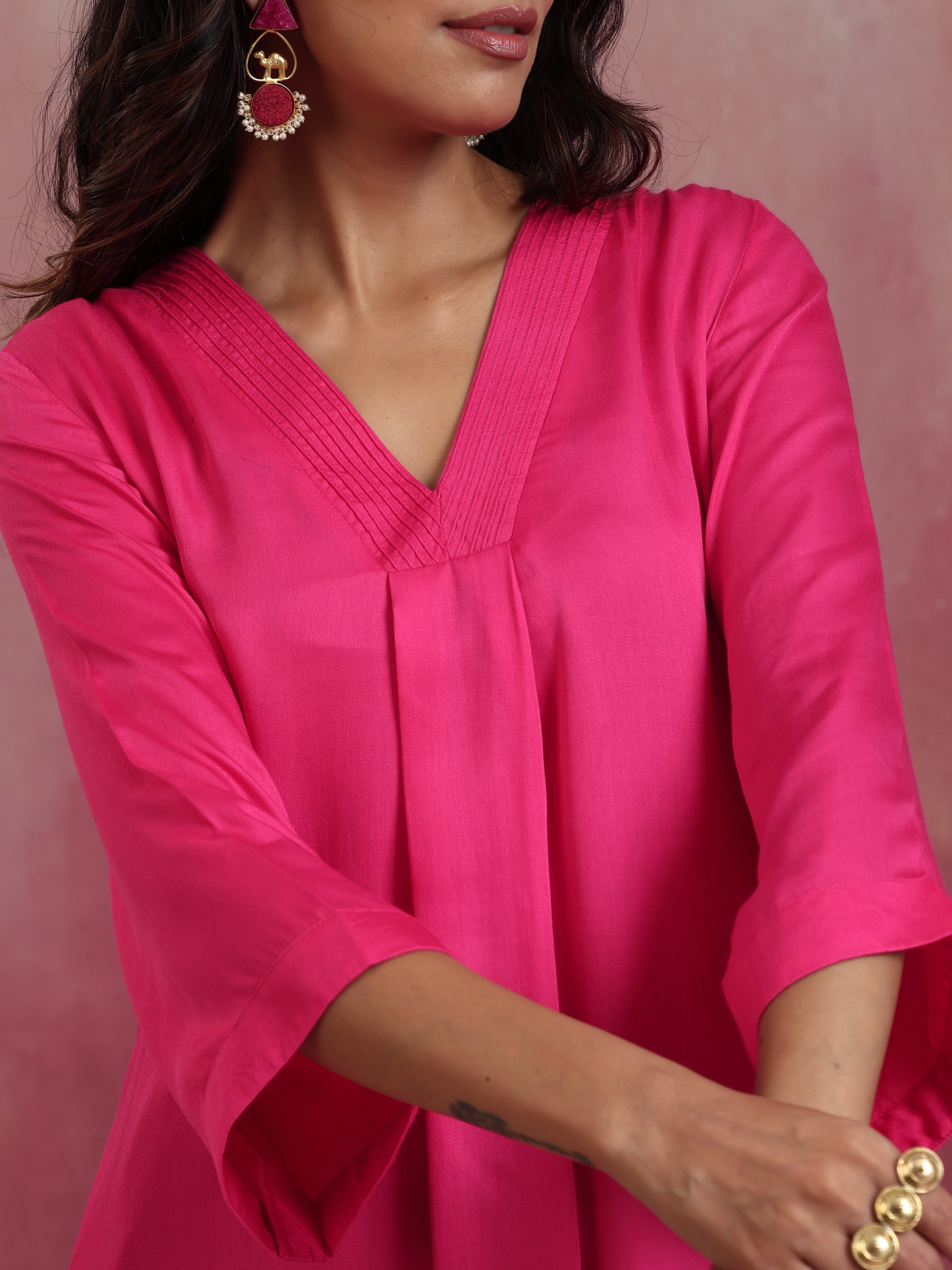 trueBrowns Pink Modal Boxpleat Kurta Set