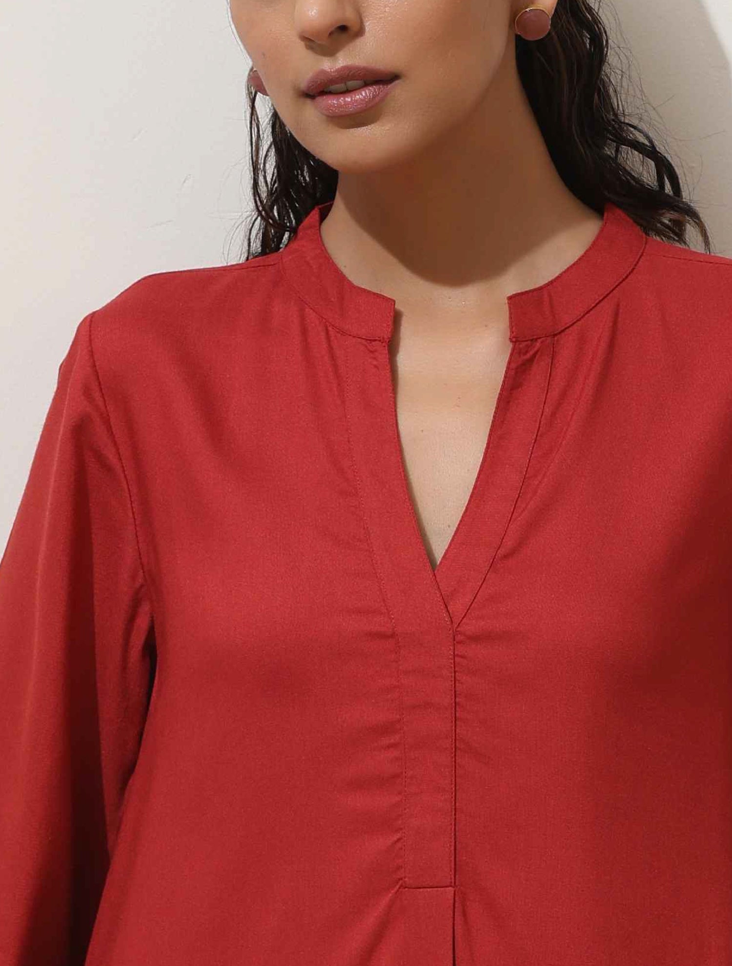 trueBrowns Maroon Viscose Solid Co-ord Set