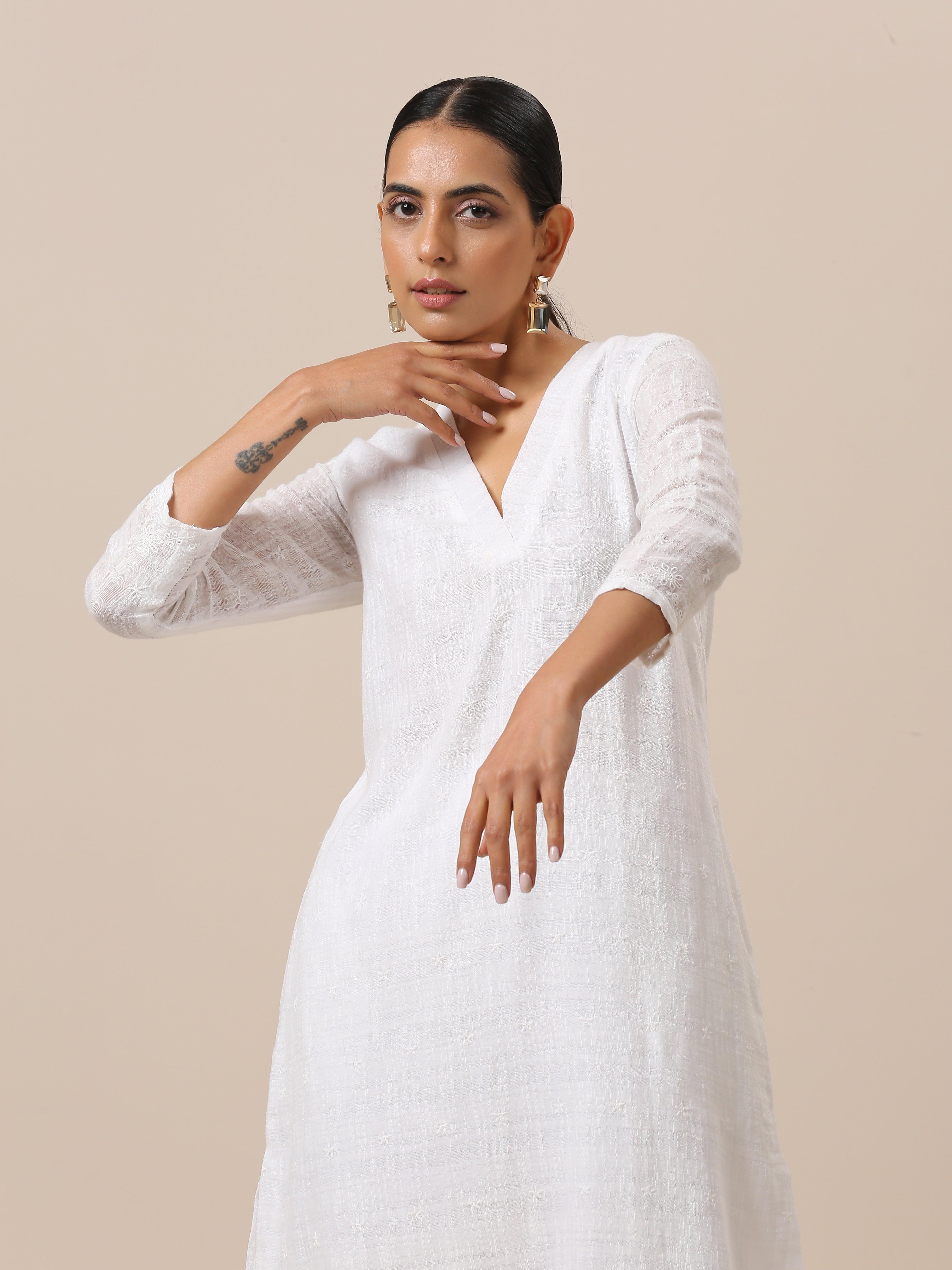 Cotton White Double Hem Embroidered Kurta Pant Set - trueBrowns
