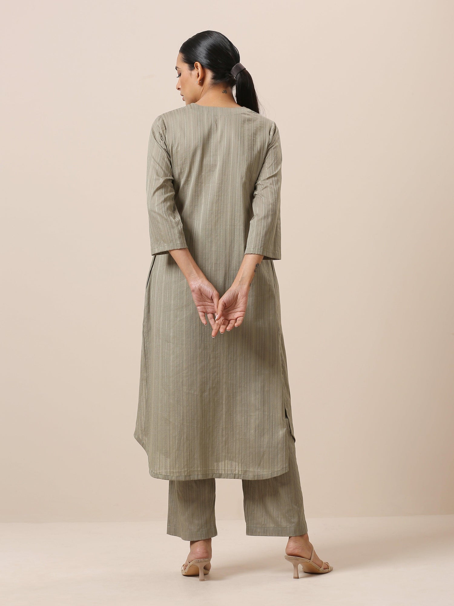 Cotton Olive Green Flared Slit Kurta Pant Set - trueBrowns