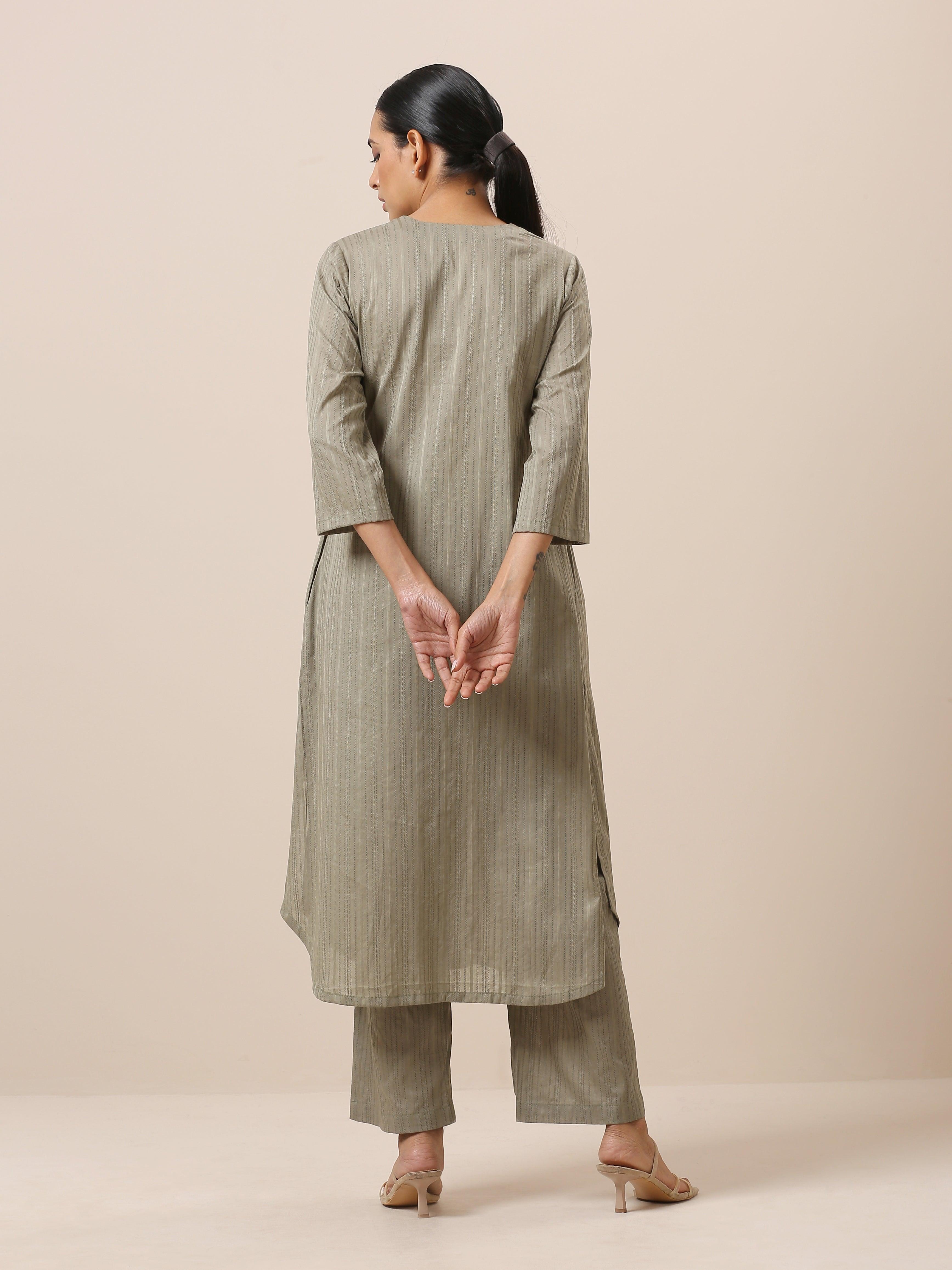 Cotton Olive Green Flared Slit Kurta Pant Set - trueBrowns