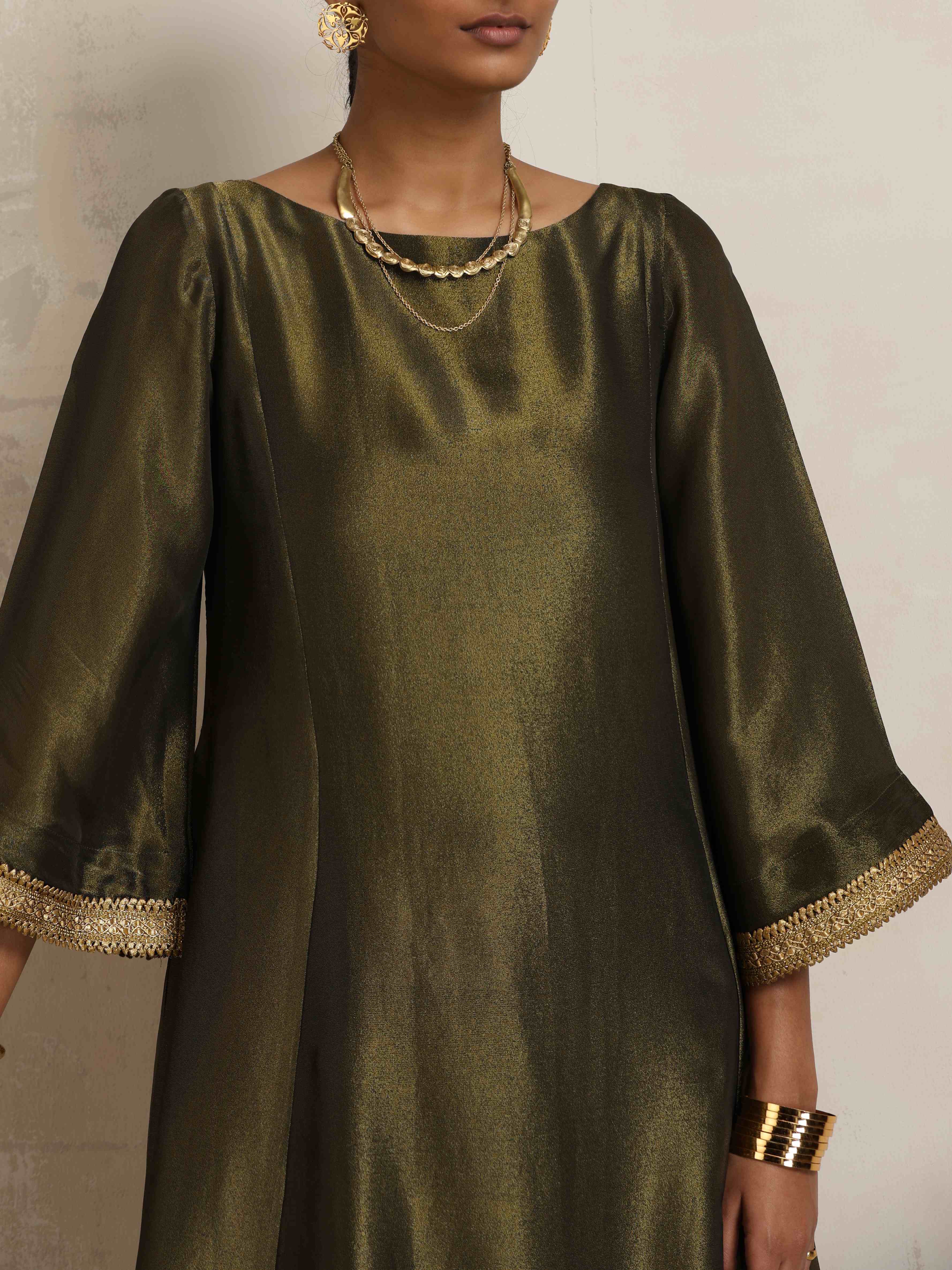 trueBrowns Olive Green Tissue Flared Anarkali Kurta Set
