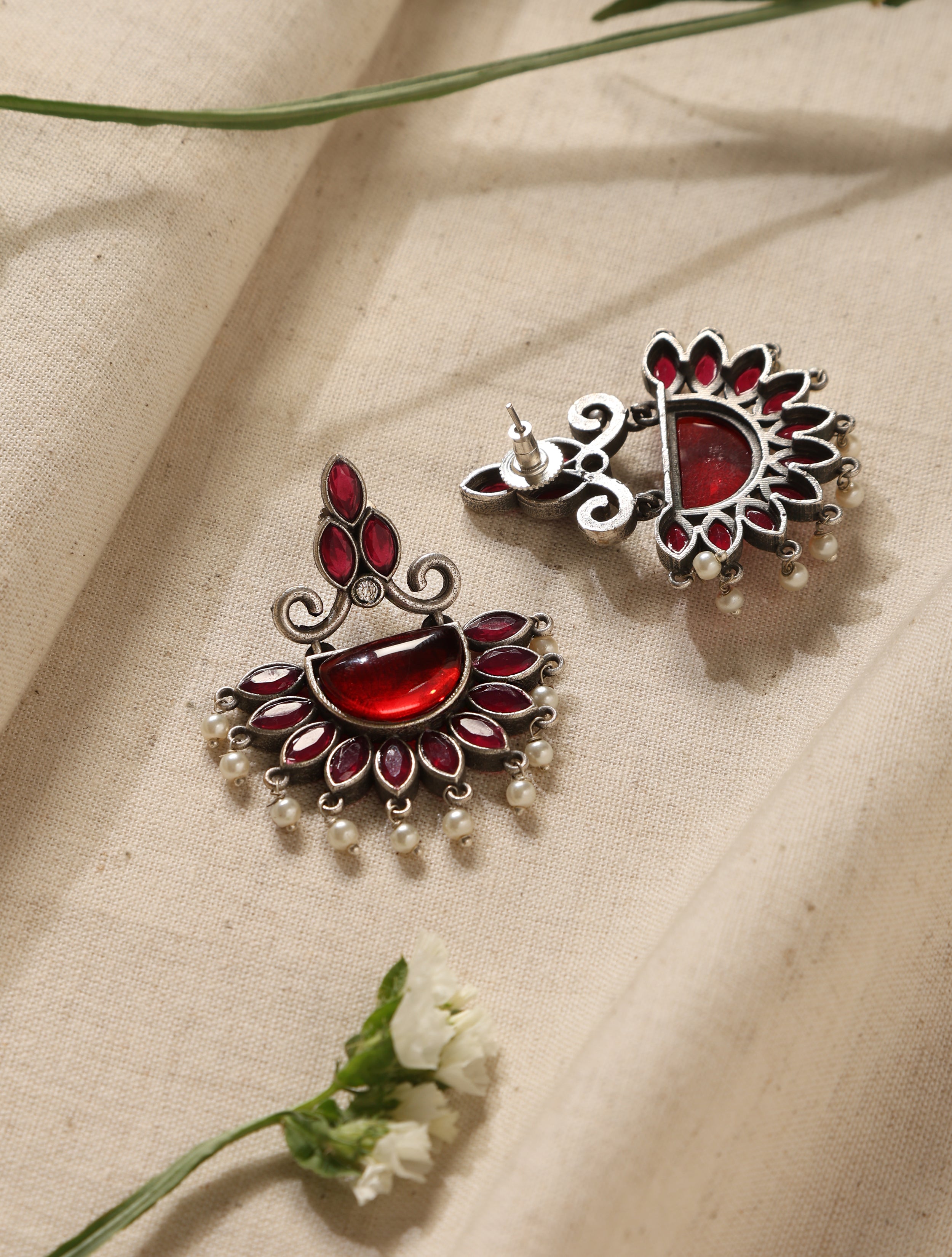 trueBrowns Silver Half Circular Stone Earrings