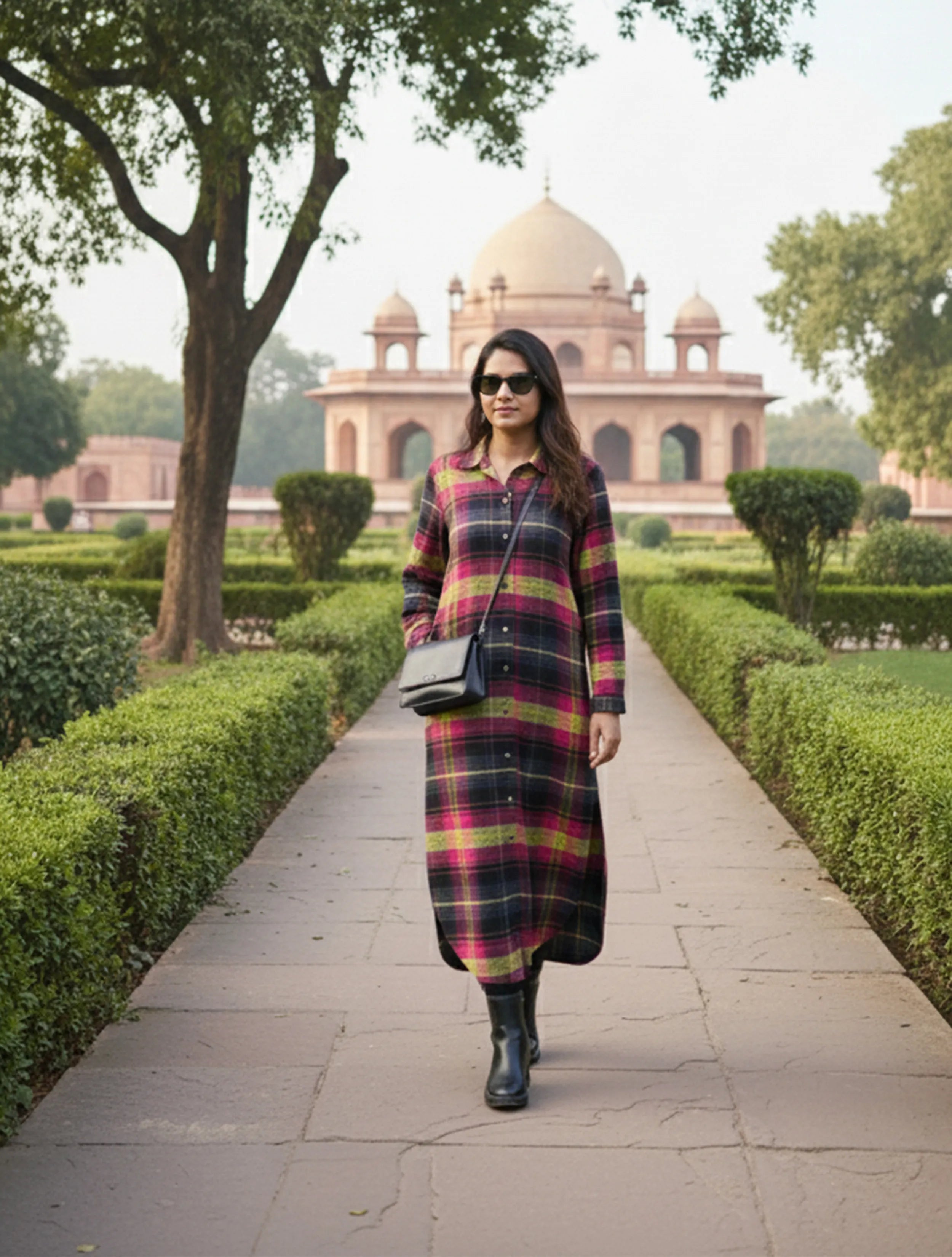 trueBrowns Pink Check Long Shirt Dress