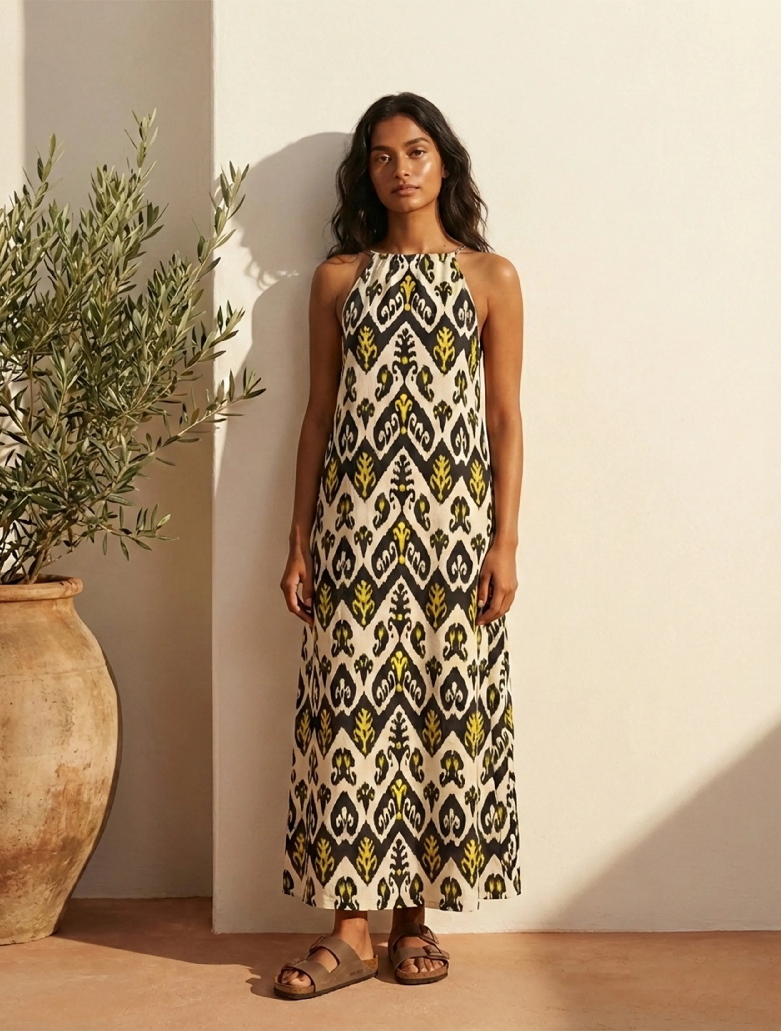 trueBrowns Black White Ikat Print Cotton Mull Long Dress