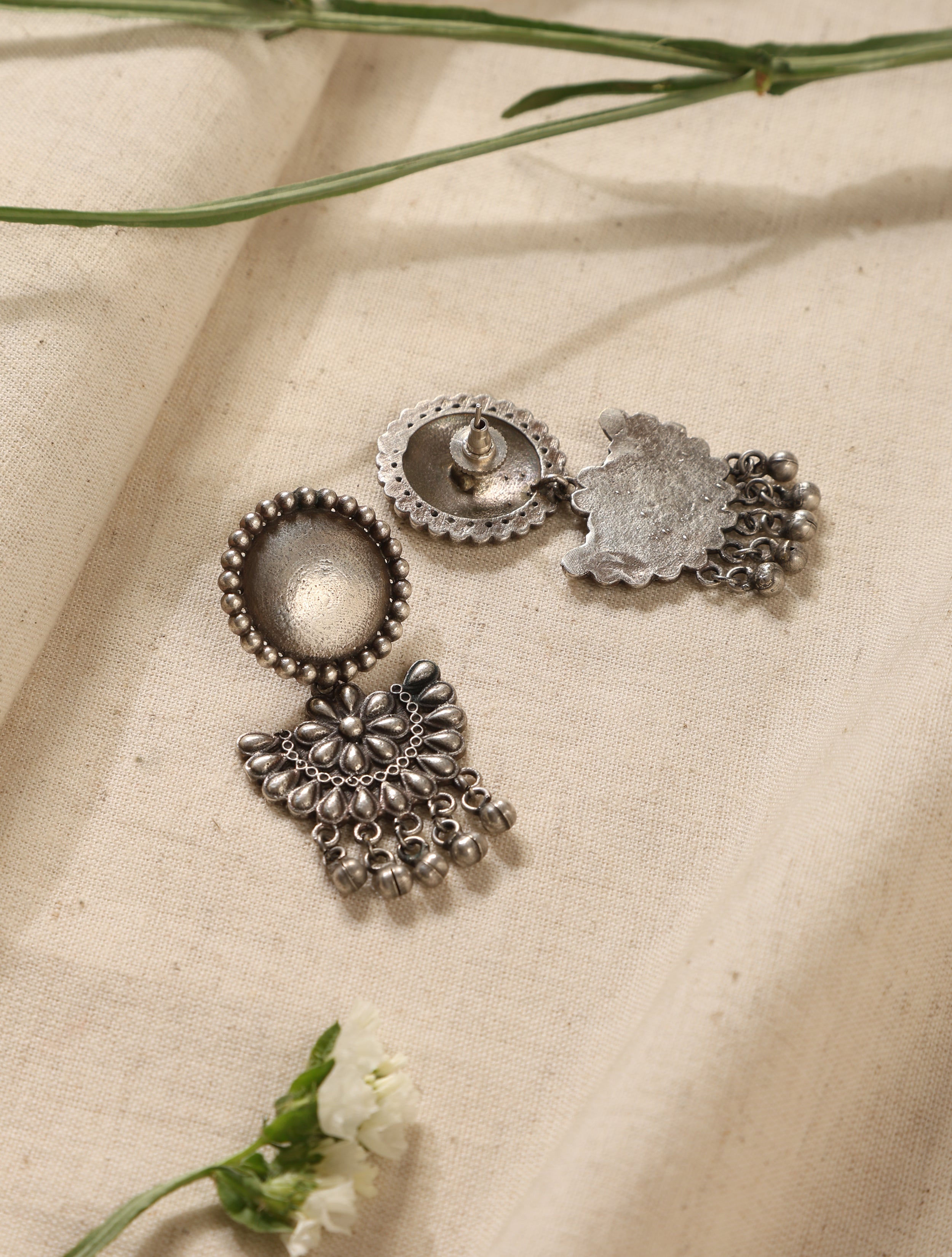 trueBrowns Silver Crescent Floral Earrings