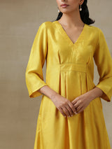 Yellow Textured Silk Overlap Pleat Kurta Pant Set
