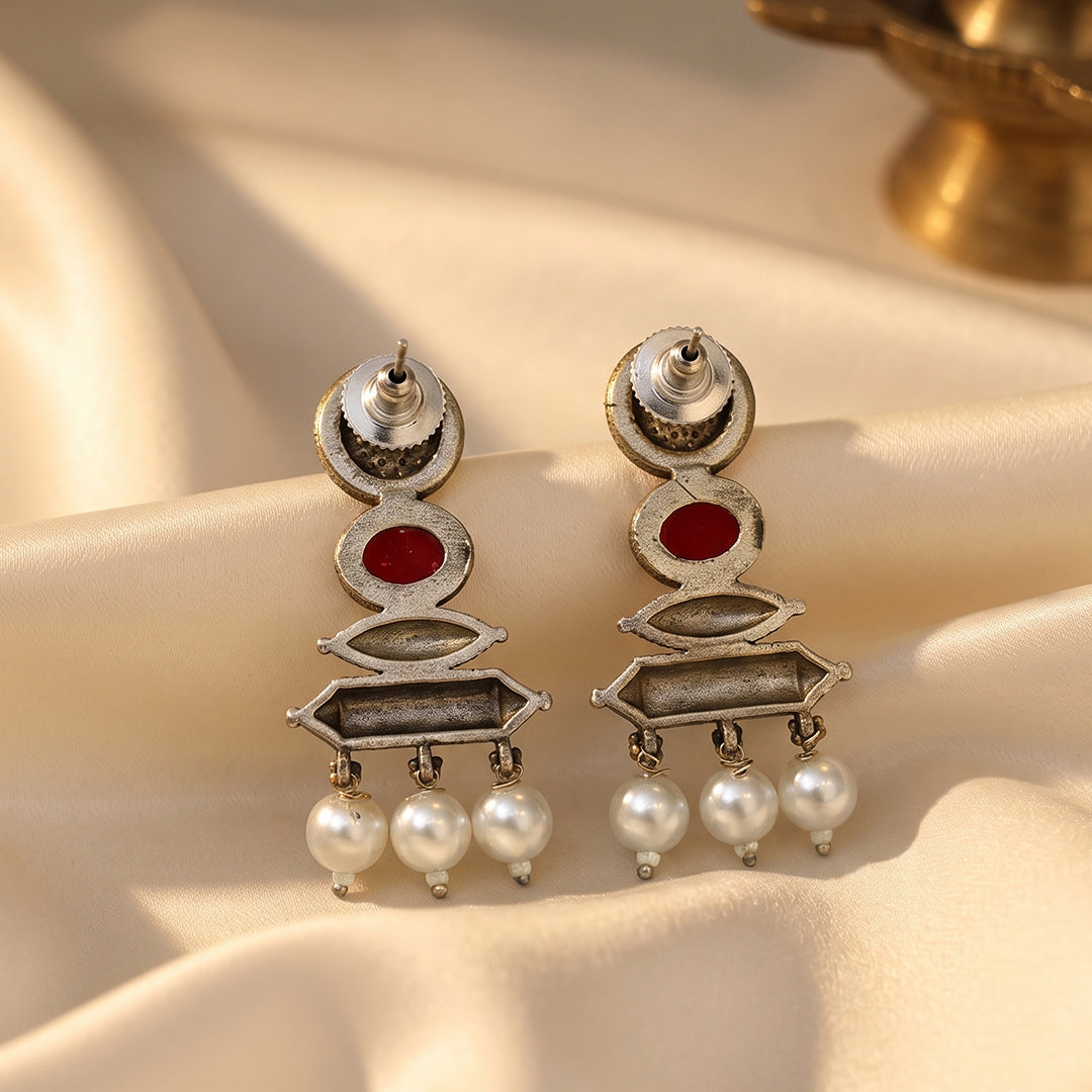trueBrowns Red Stone Pearl Drop Earrings