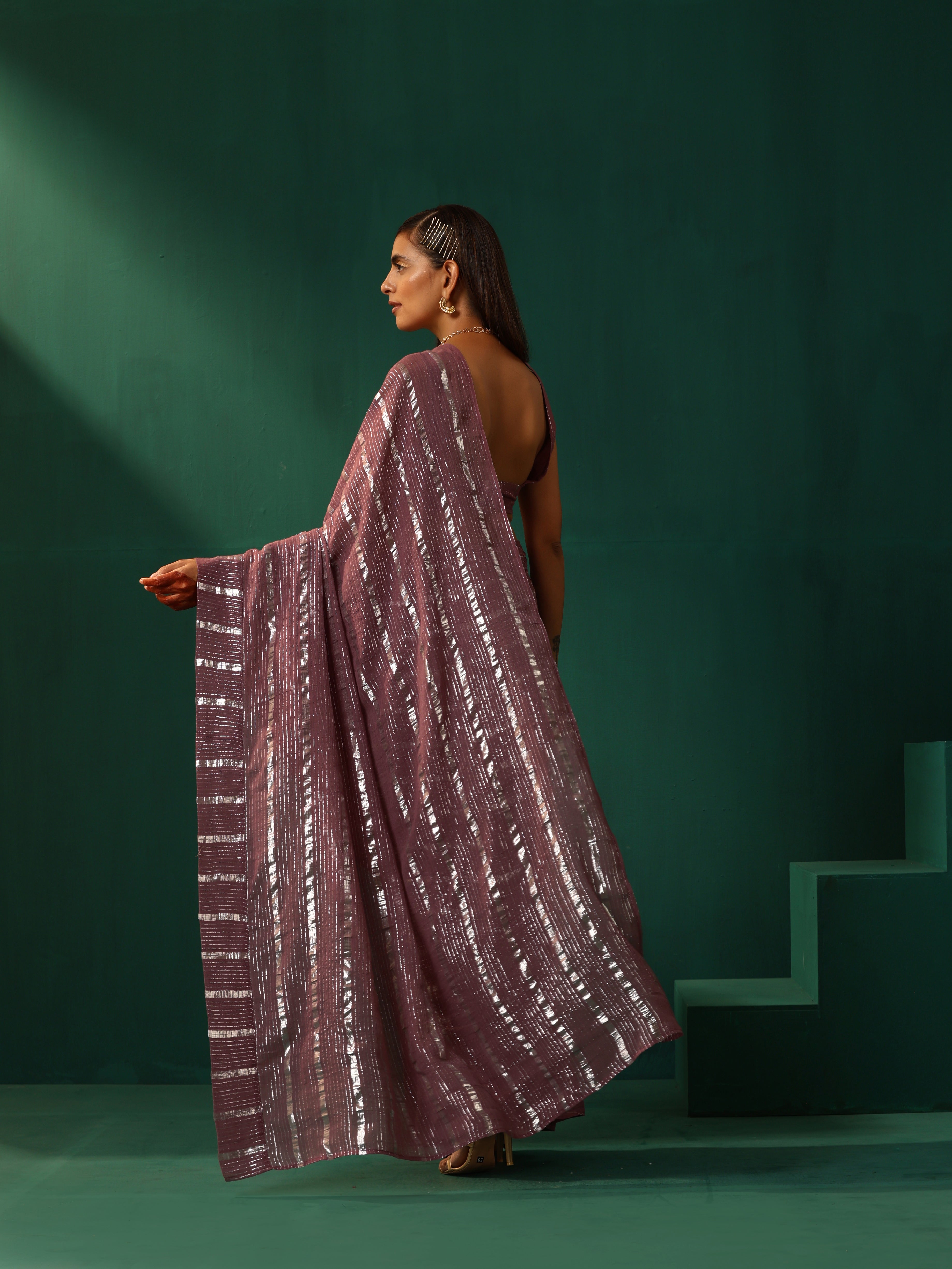 trueBrowns Mauve Cotton Silver Striped Ready to Wear Saree