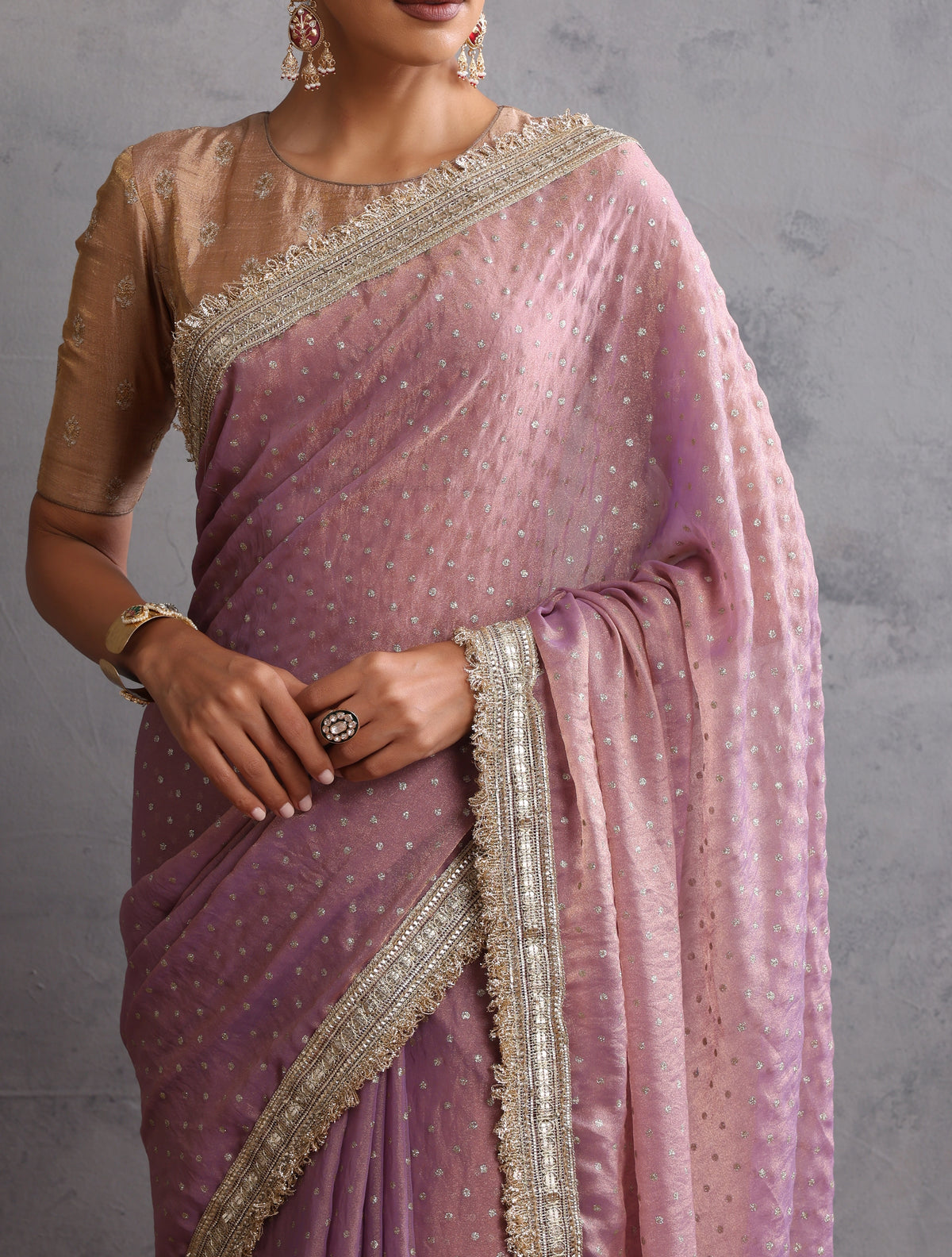 trueBrowns Lilac Tissue Foil Printed Saree With Unstitched Blouse
