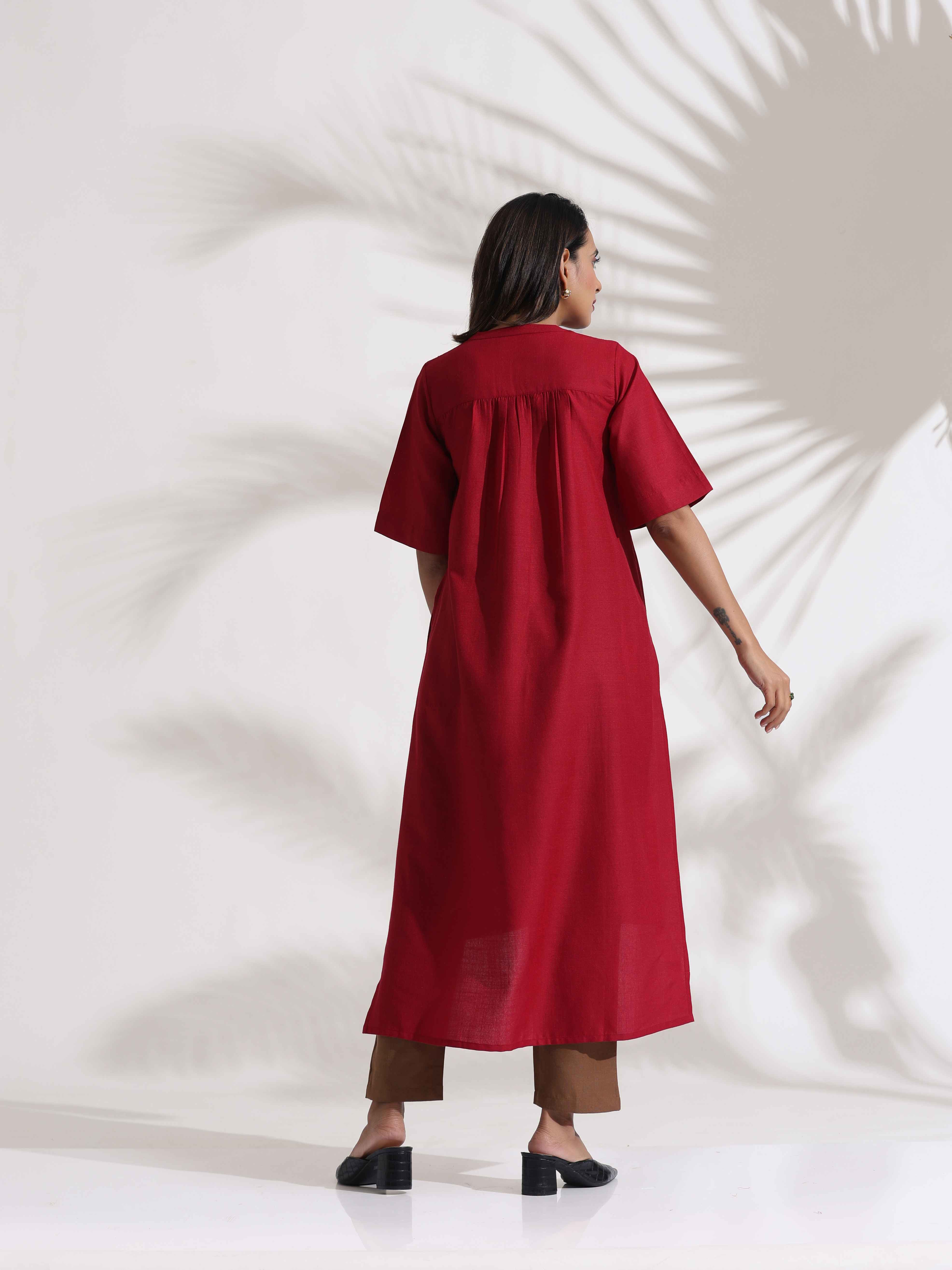 trueBrowns Maroon Slub Highslit Kurta Set