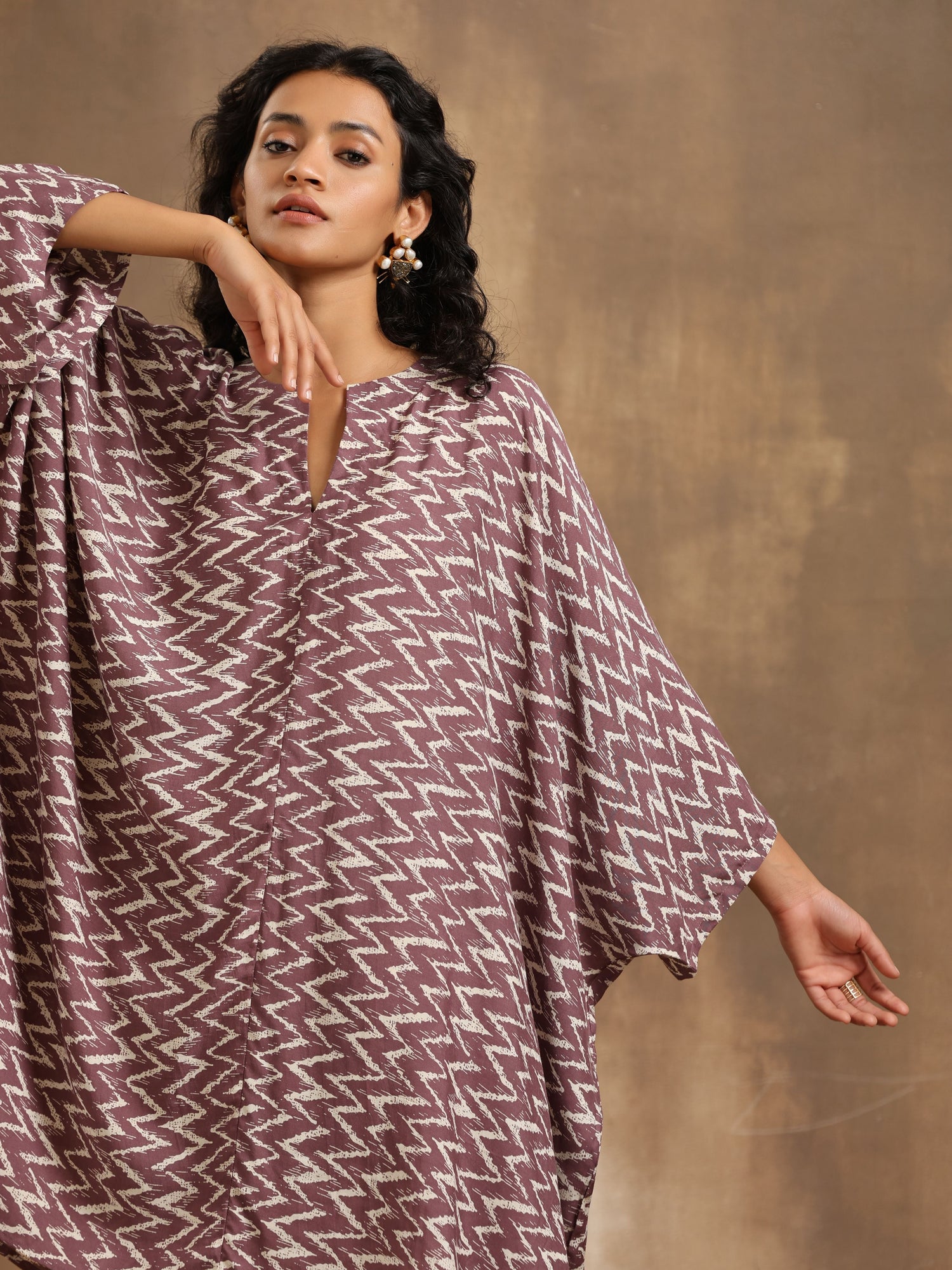 Dark Mauve Zig Zag Printed Silk Kaftan Co-Ord Set