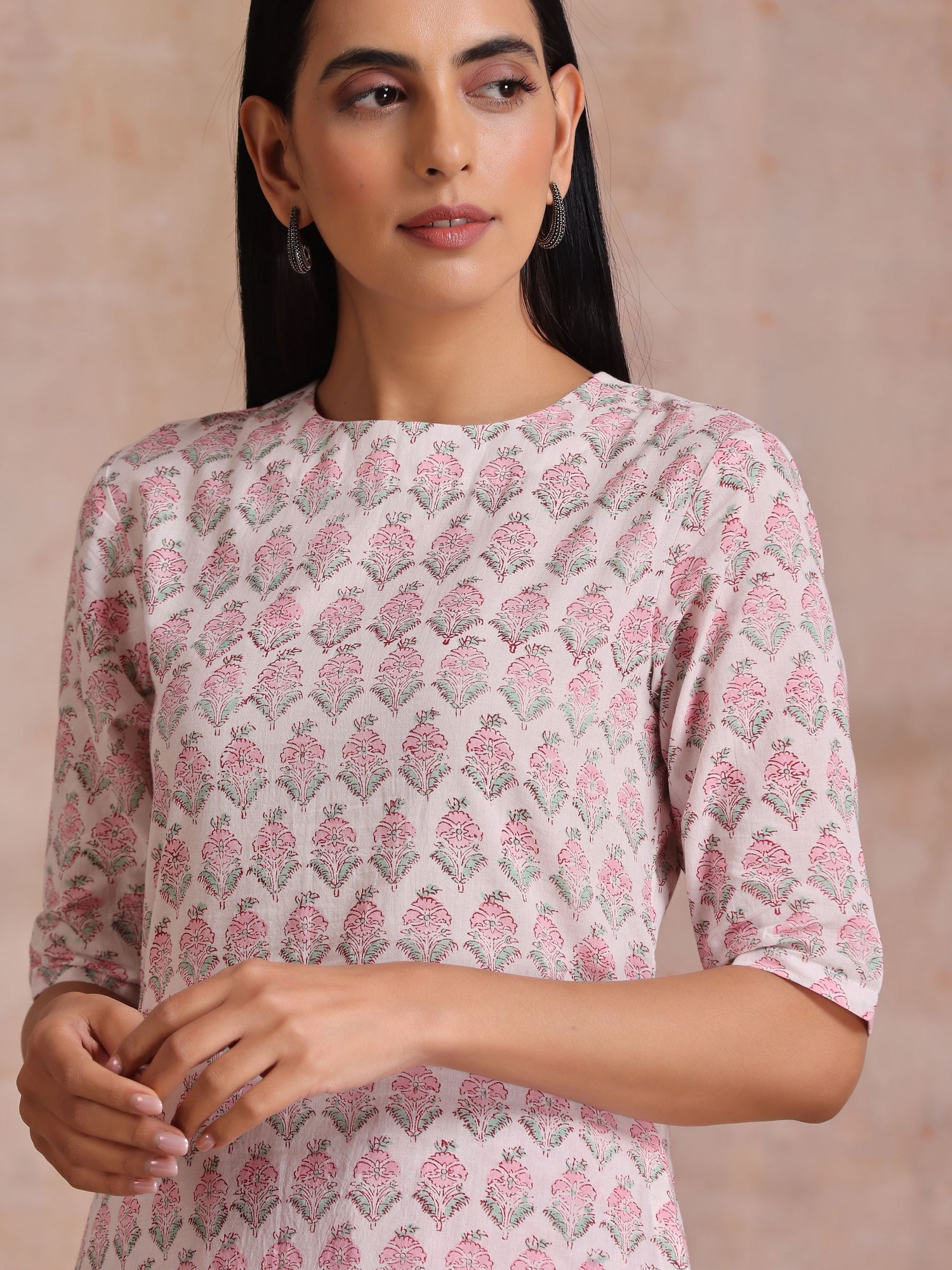 Pink Green Floral On White Block Print Cotton Slit Kurta Pant Set