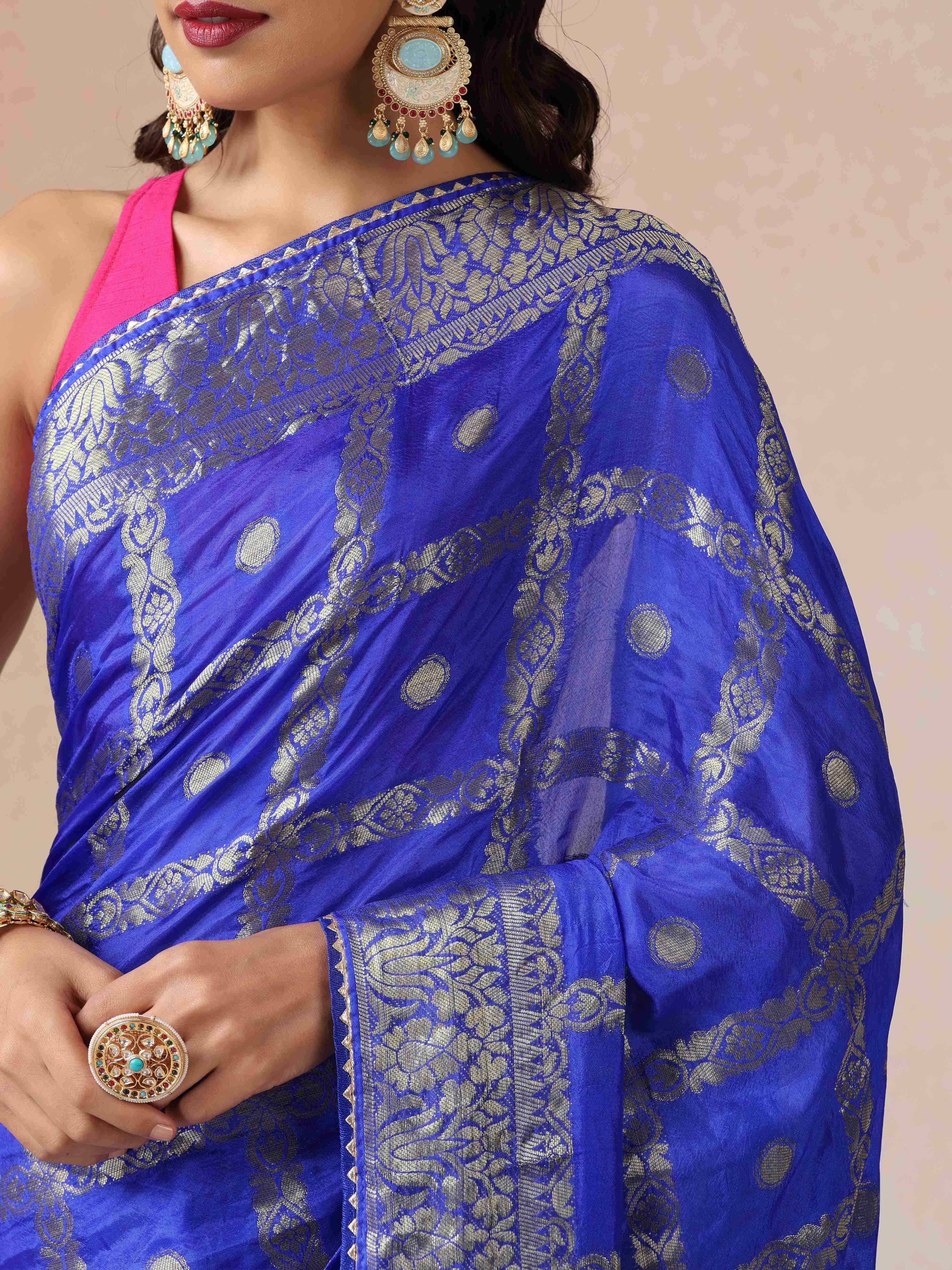trueBrowns Electric Blue Bandhani Jacquard Saree With Unstitched Blouse