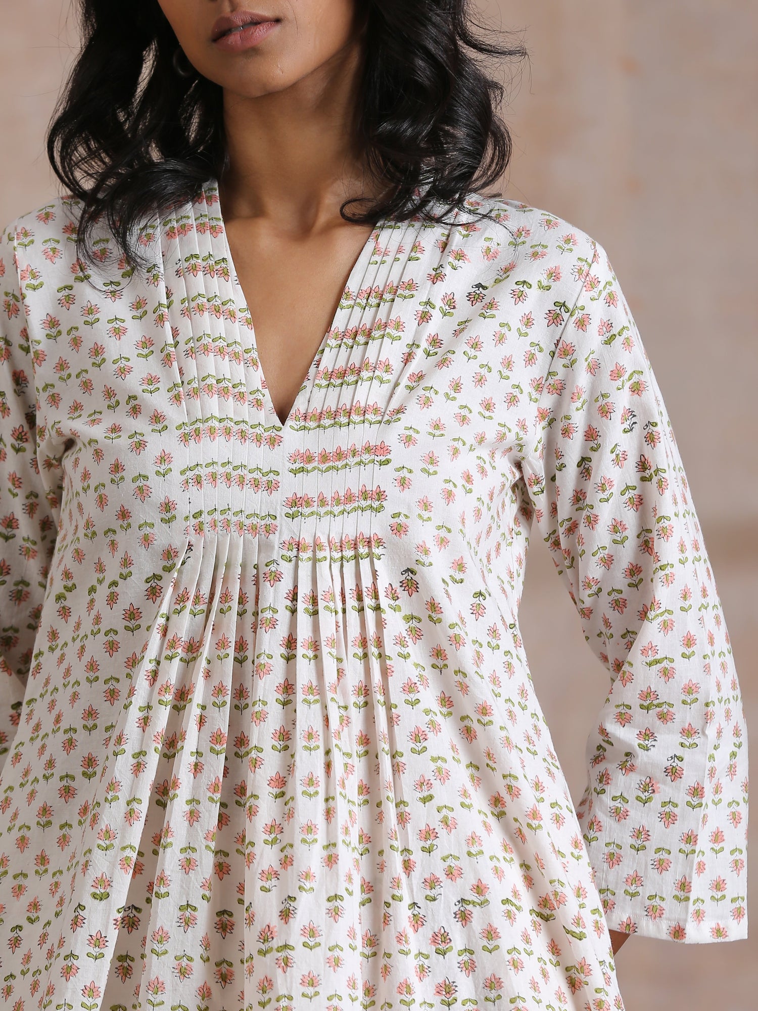 White With Small Floral Booti Print Cotton Pleated Co-Ord Set