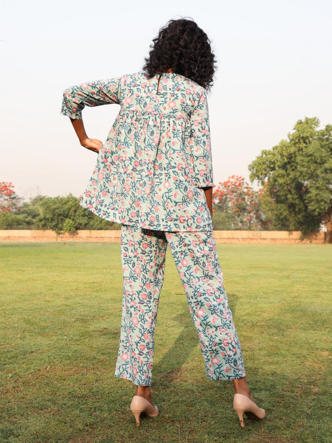Eggshell Blue Cotton Block Print Gathered Co-Ord Set - trueBrowns