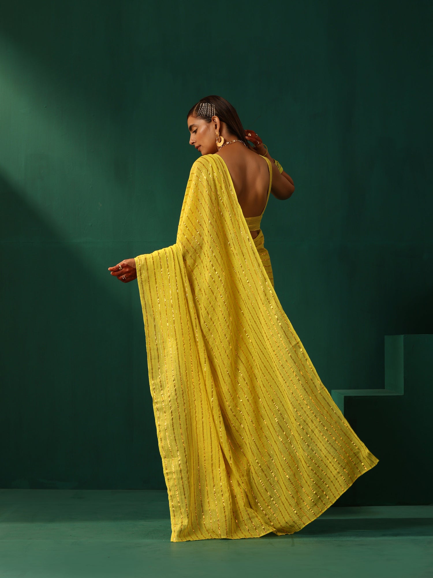 trueBrowns Lime Cotton Gold Striped Ready To Wear Saree