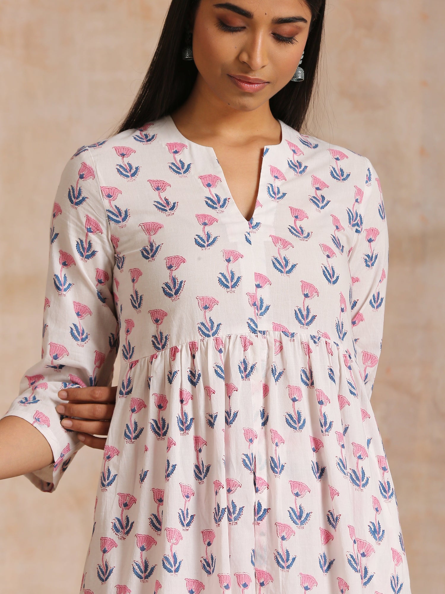 White With Pink Blue Buta Block Print Cotton Kurta Pant Set