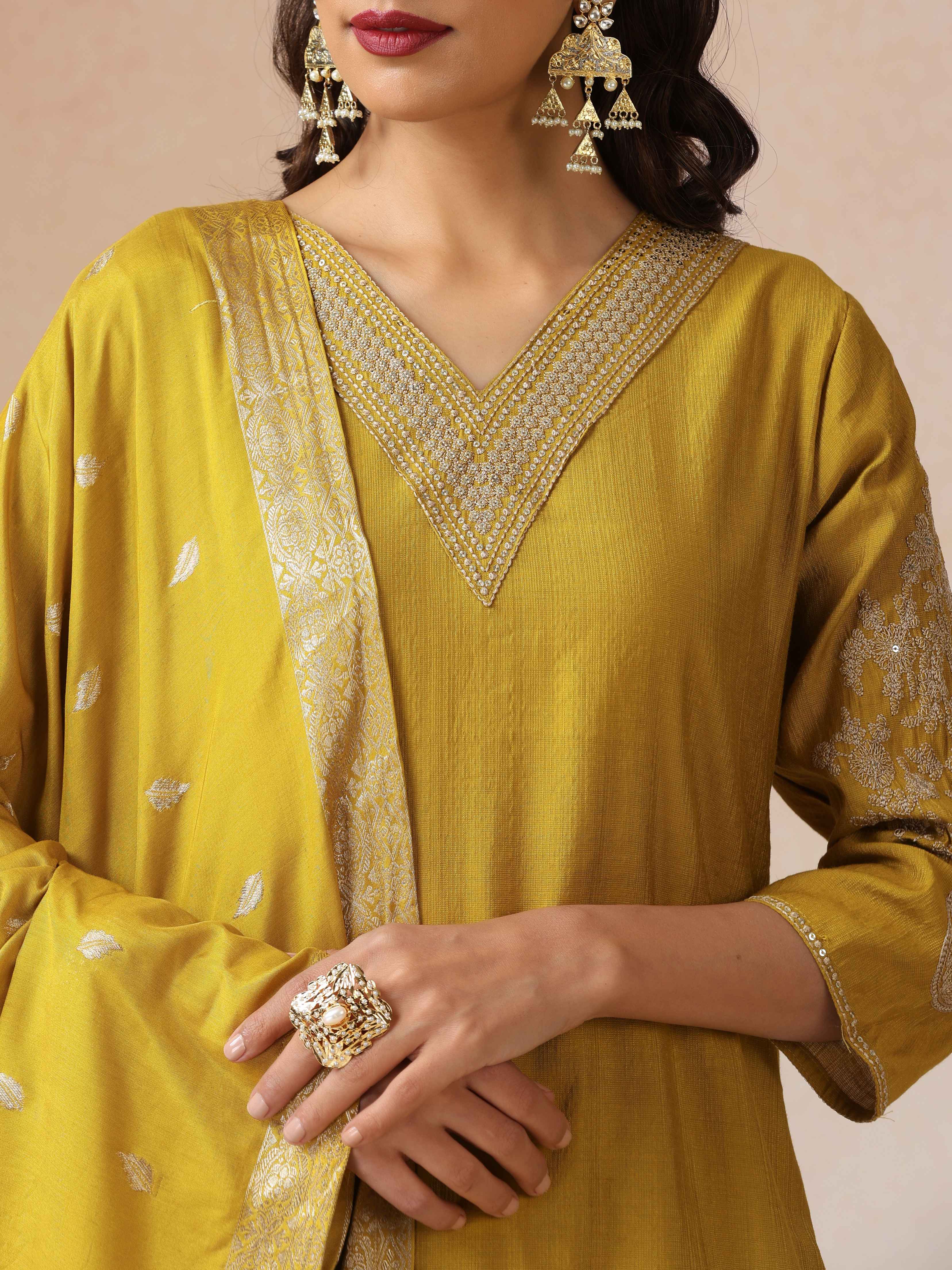 trueBrowns Mustard Embroidered Straight Kurta Pant Dupatta Set