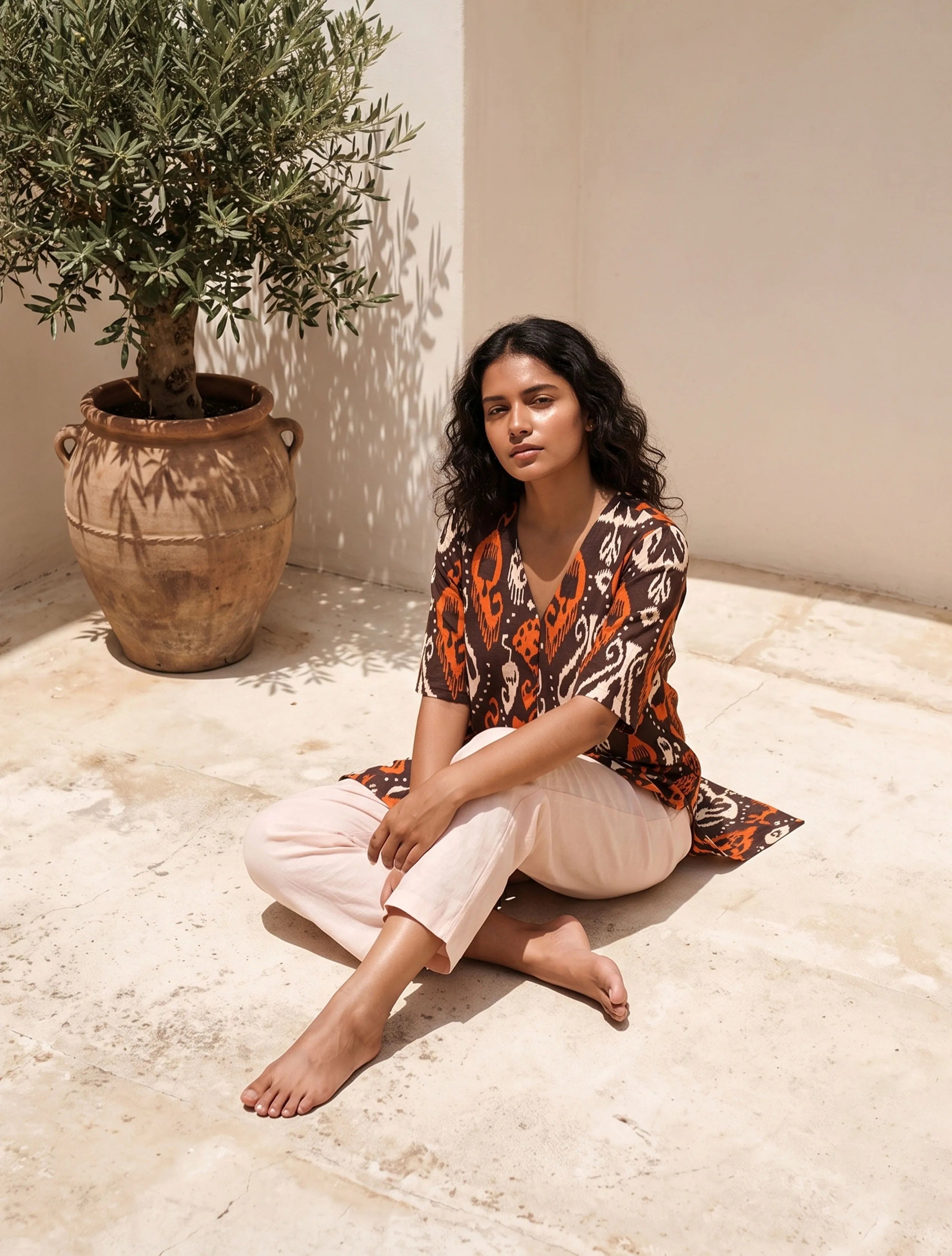 trueBrowns Cola Orange Ikat Print Cotton High-Slit Kurta Set