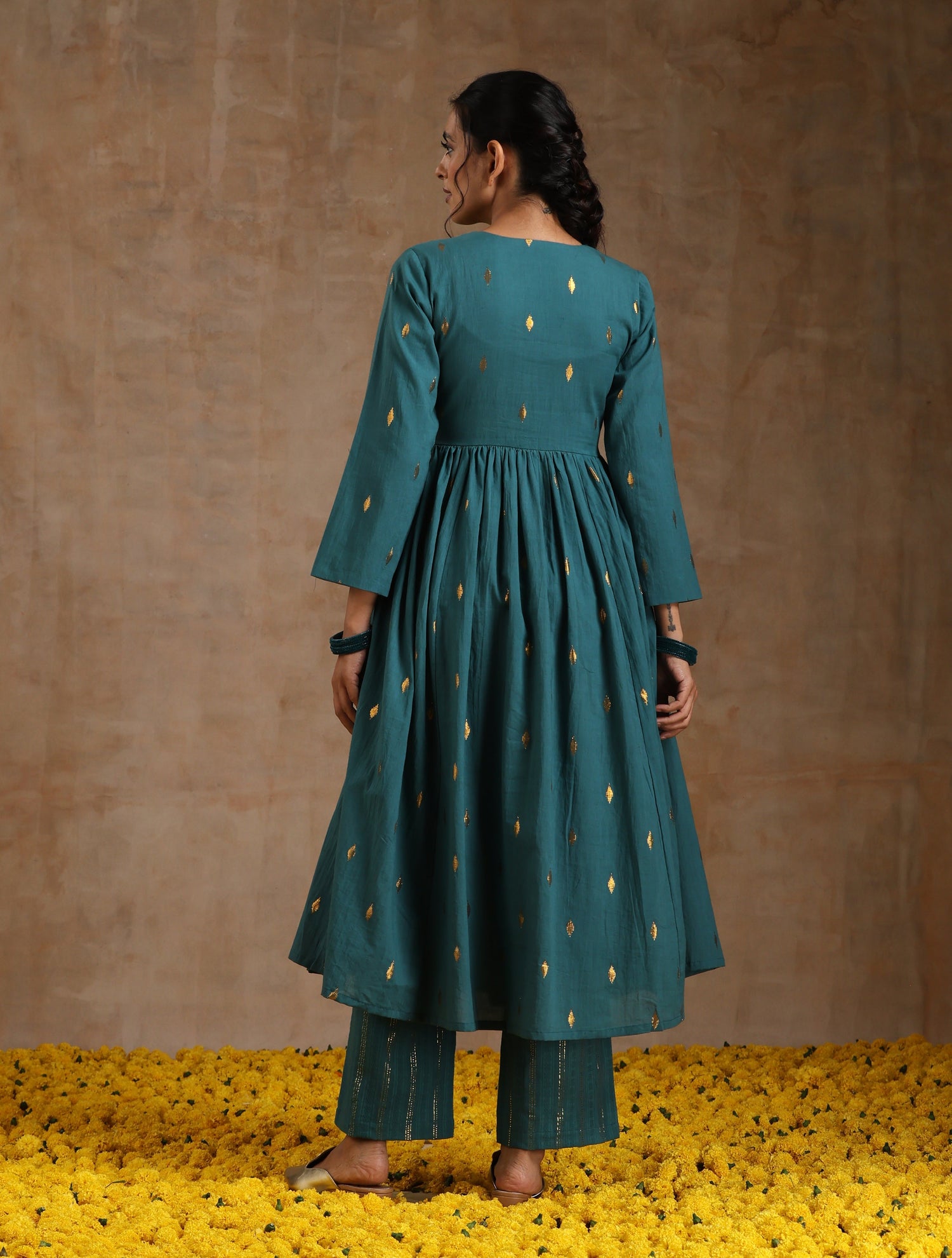 Deep Sea Gold Cotton Kalidar Kurta Set