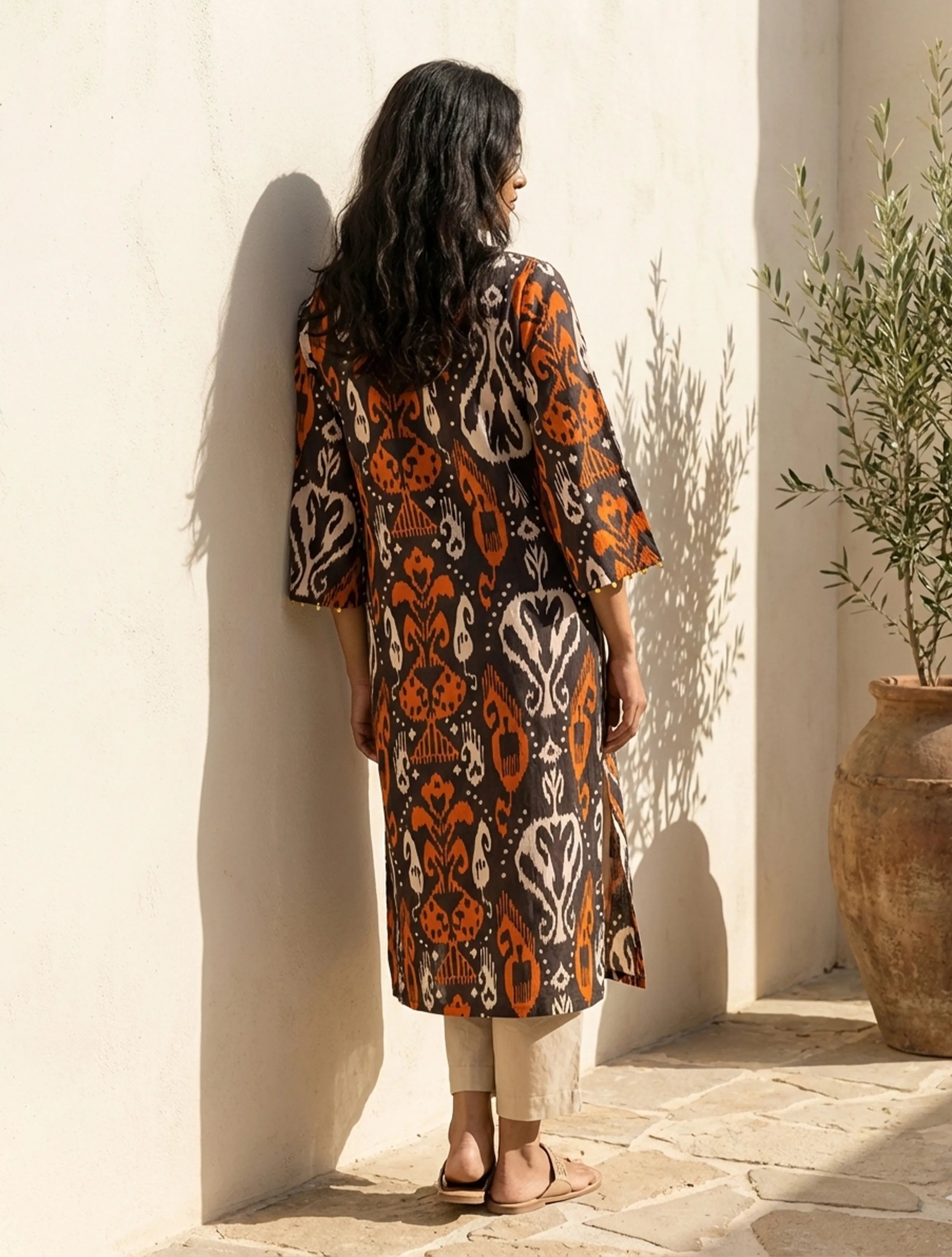 trueBrowns Cola Orange Ikat Print Cotton High-Slit Kurta Set
