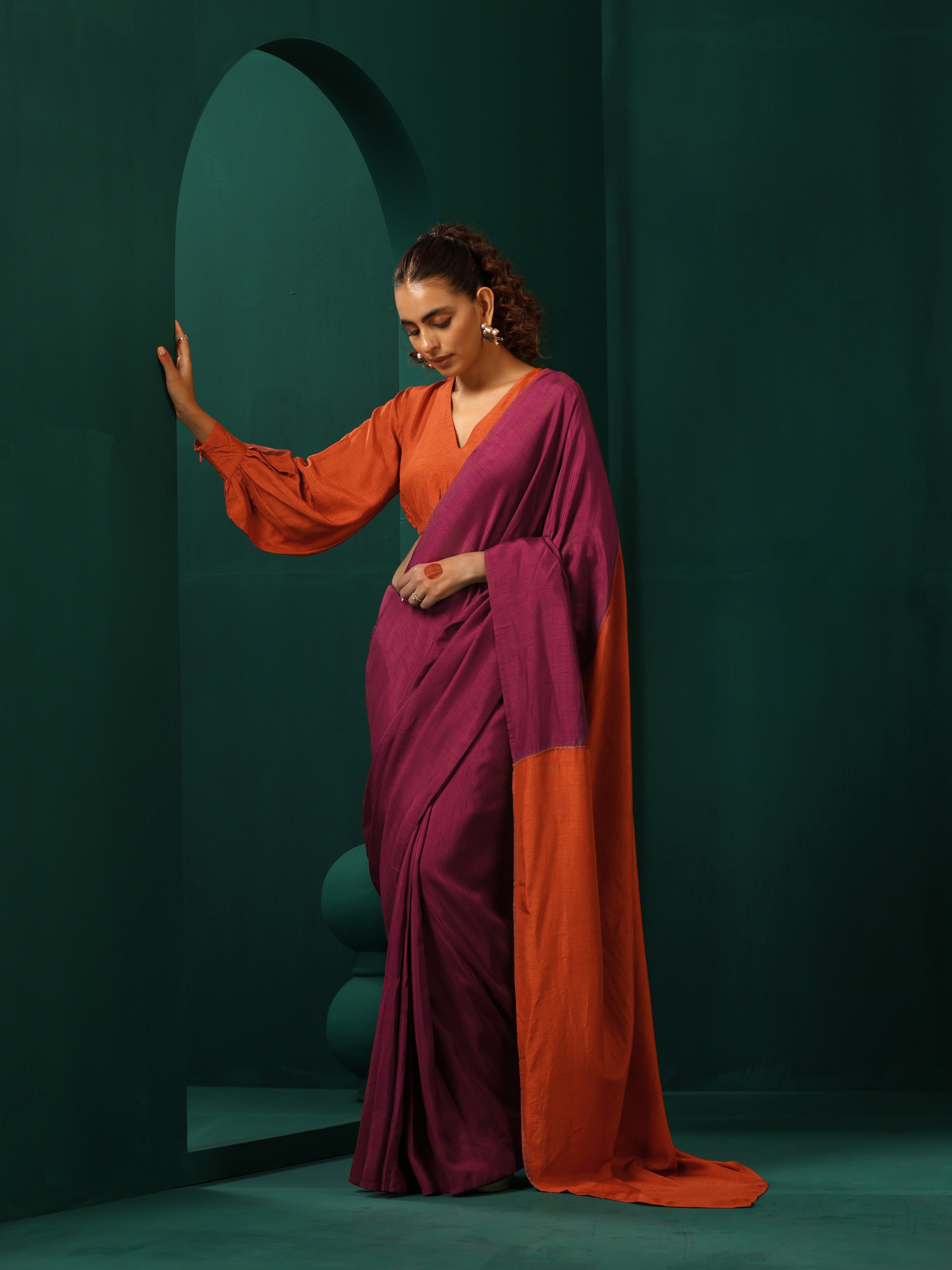 trueBrowns Rust Silk Gathered Sleeve Blouse