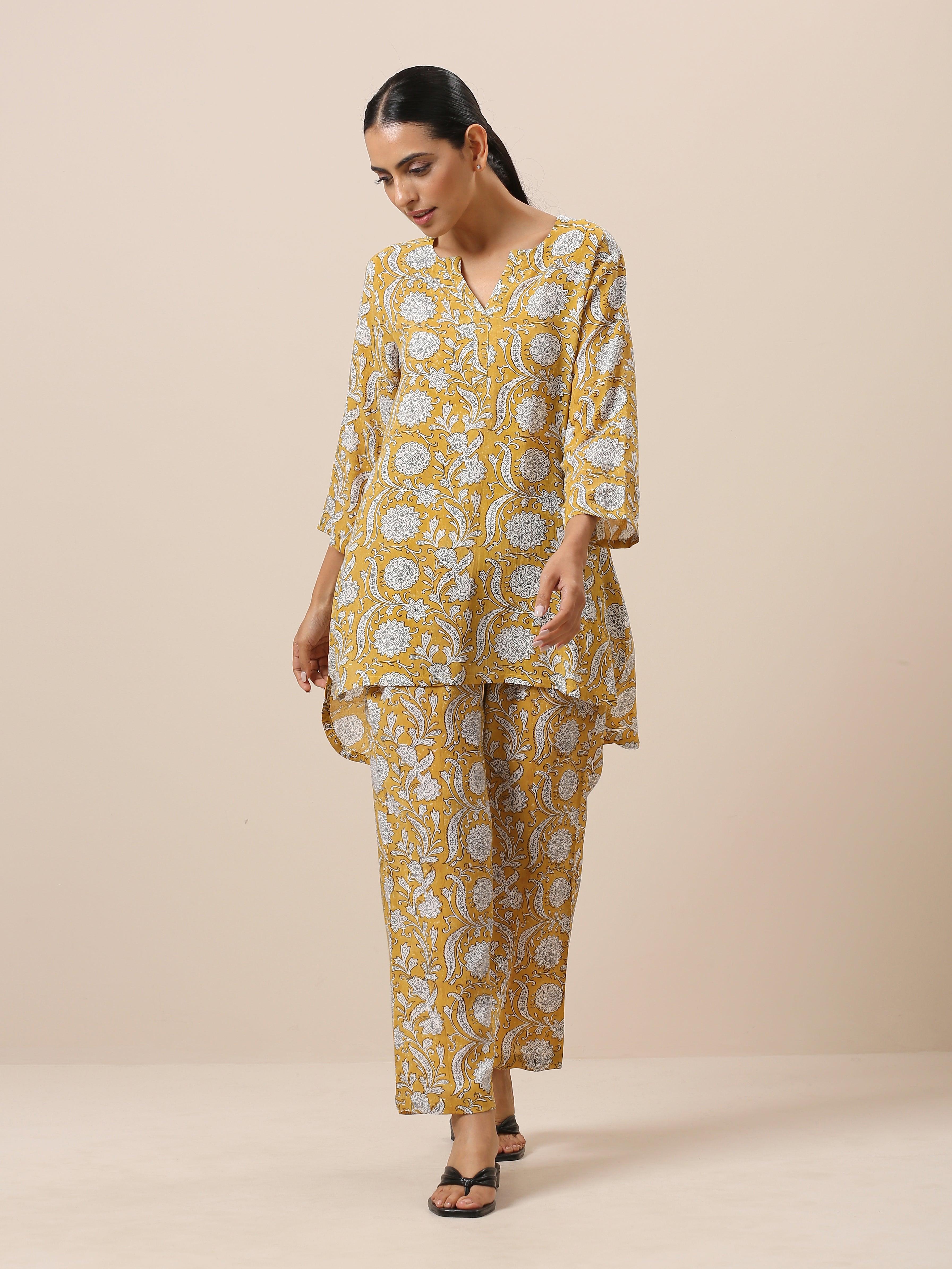 Cotton Hand Block Printed Yellow Co-Ord Set - trueBrowns