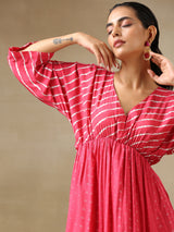 Pink Bandhani Printed Silk Drop Shoulder Dress | Relove
