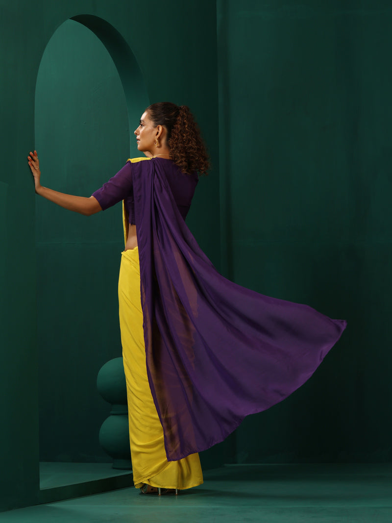 trueBrowns Yellow Purple Muslin Silk Ready to Wear Saree